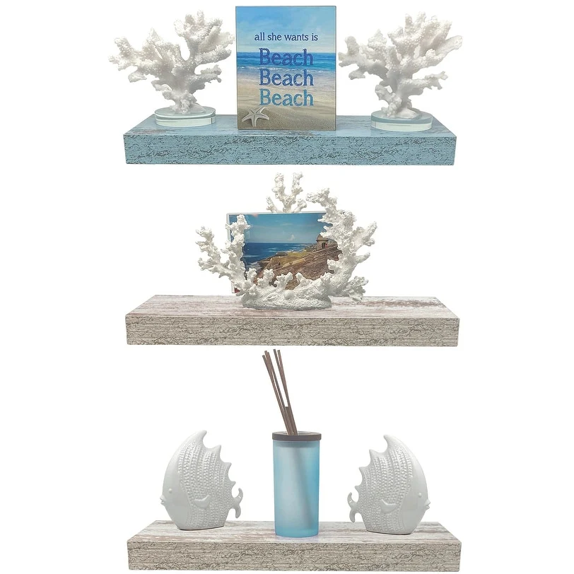 3-Pack Rustic Wood Floating Wall Shelves, Beach Style Hanging Display and Storage Shelves - Image 17