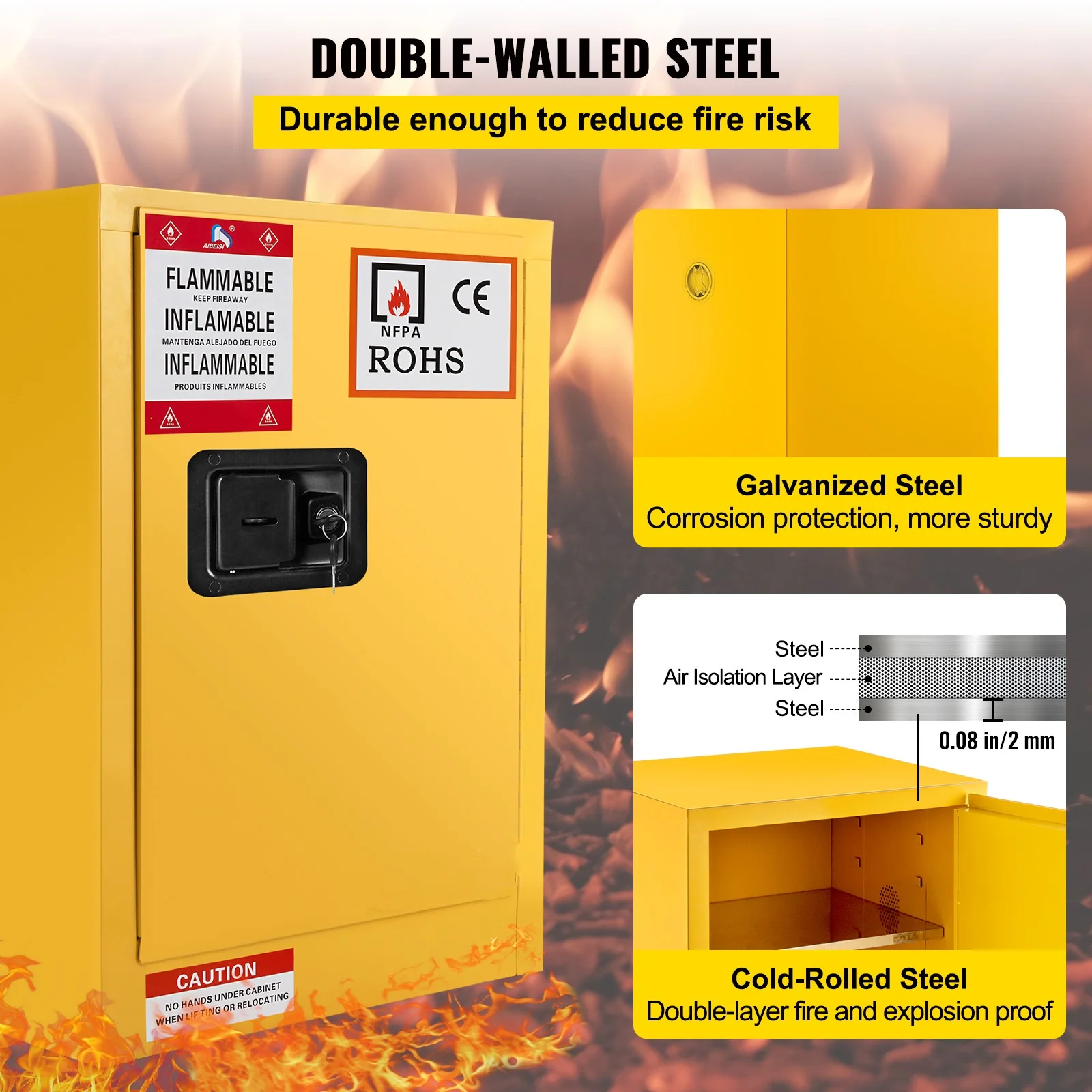 BENTISM Safety Cabinet for Flammable Liquids Single door and Manual Close Yellow Hazardous Storage 43 x 43 x 46CM - Image 12