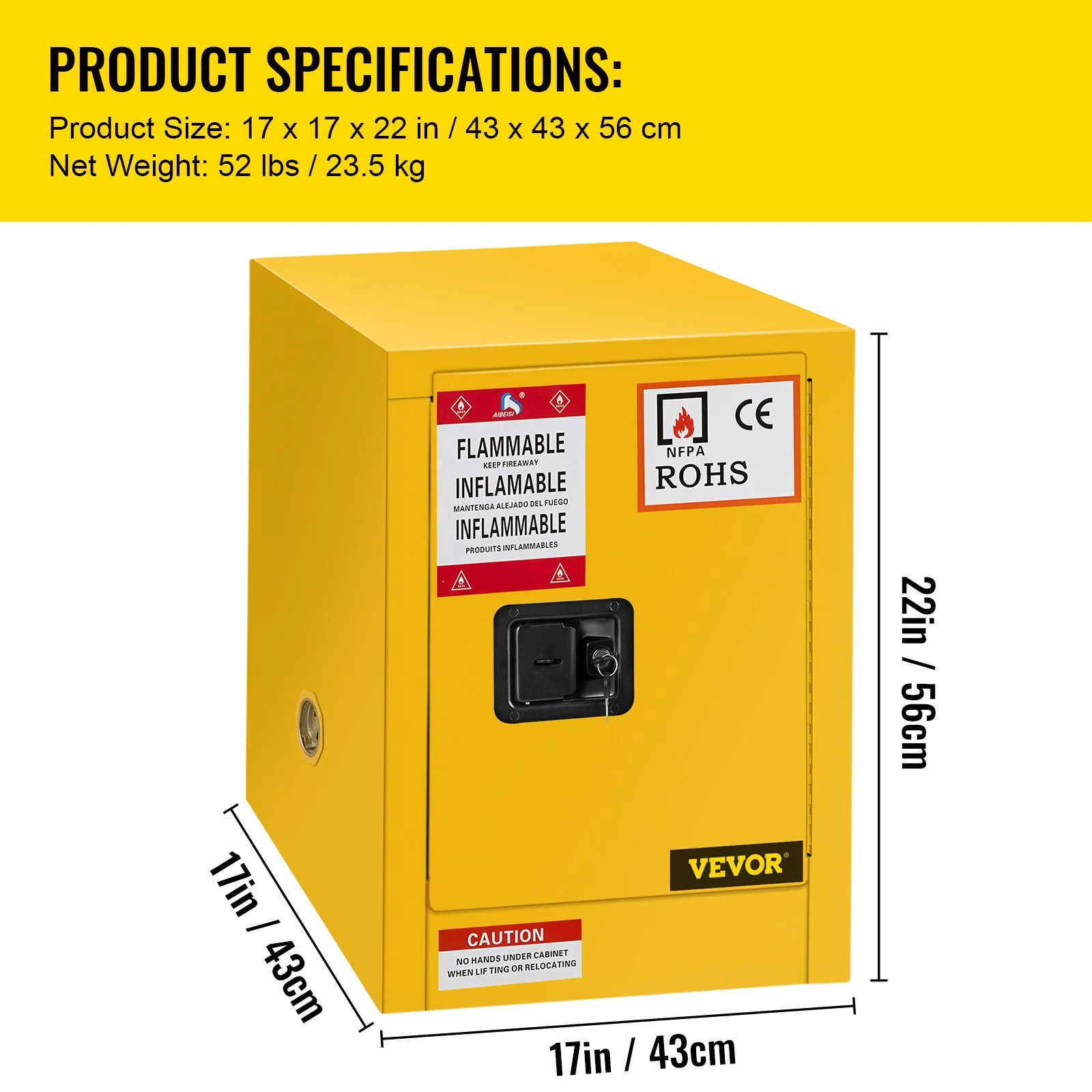 BENTISM Safety Cabinet for Flammable Liquids Single door and Manual Close Yellow Hazardous Storage 43 x 43 x 46CM - Image 15