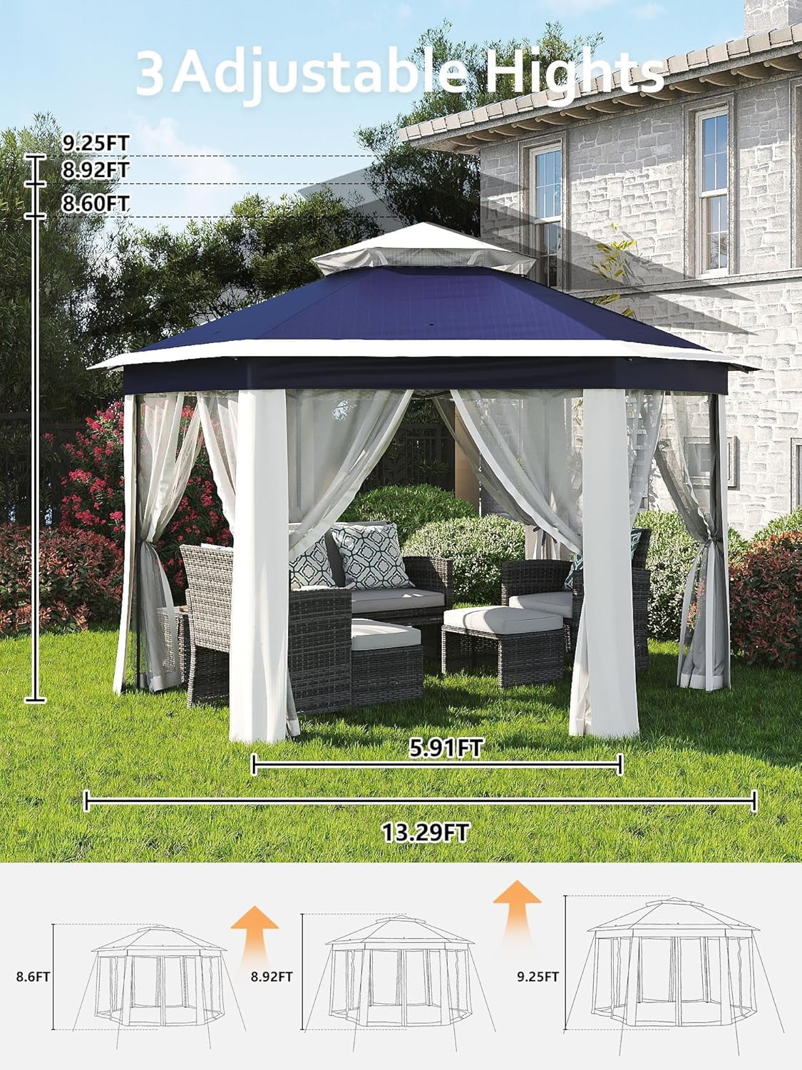 13x13 Gazebo Outdoor Canopy Shelter,Instant Patio Gazebo Sun Shade Canopy Tent with 6 Zippered Mesh Netting and Strong Steel Frame for Lawn,Garden,Backyard,Deck Party - Image 23