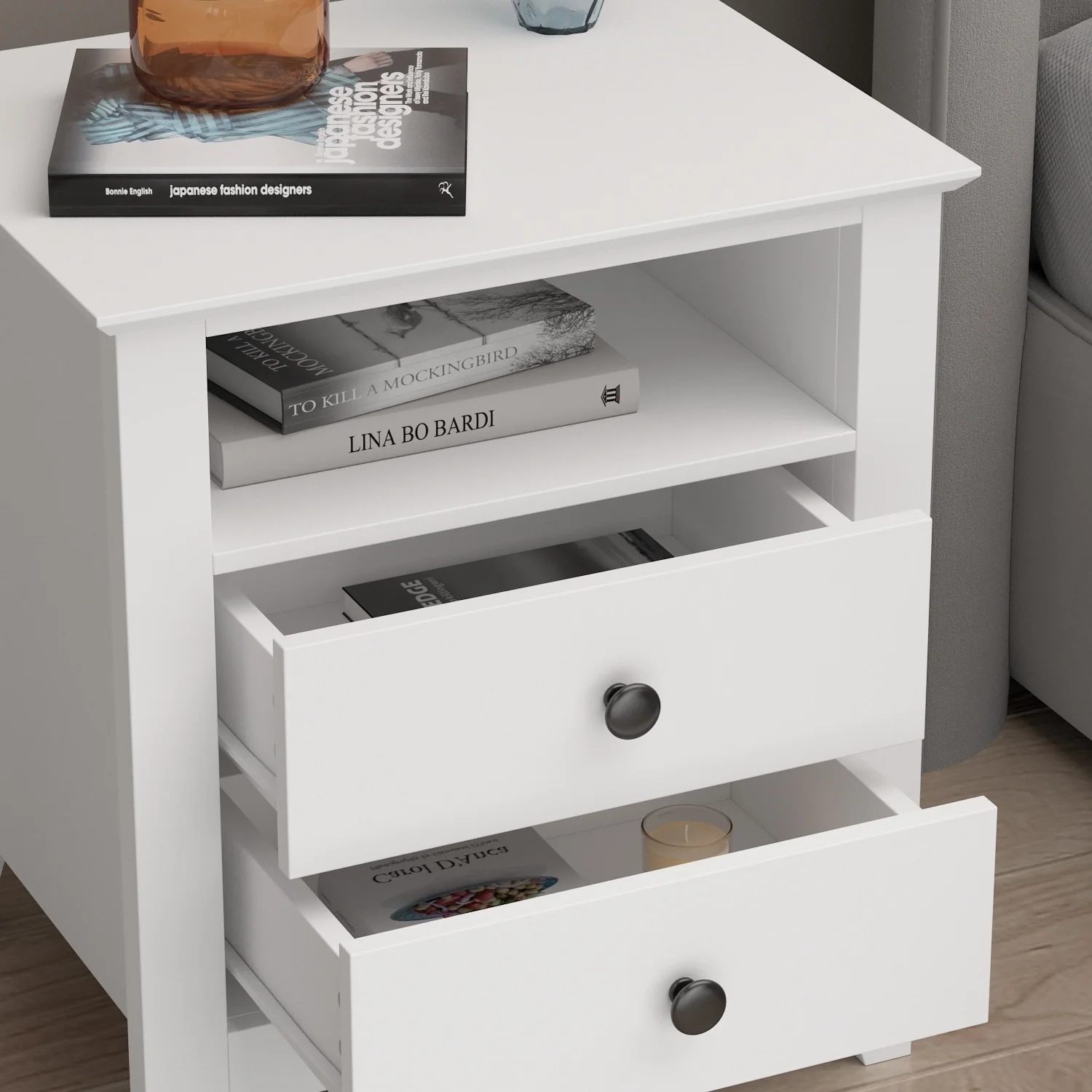 21.7 Inch Tall White Nightstand, 2 Drawers and 1 Open Shelf Bedside End Table - Image 7