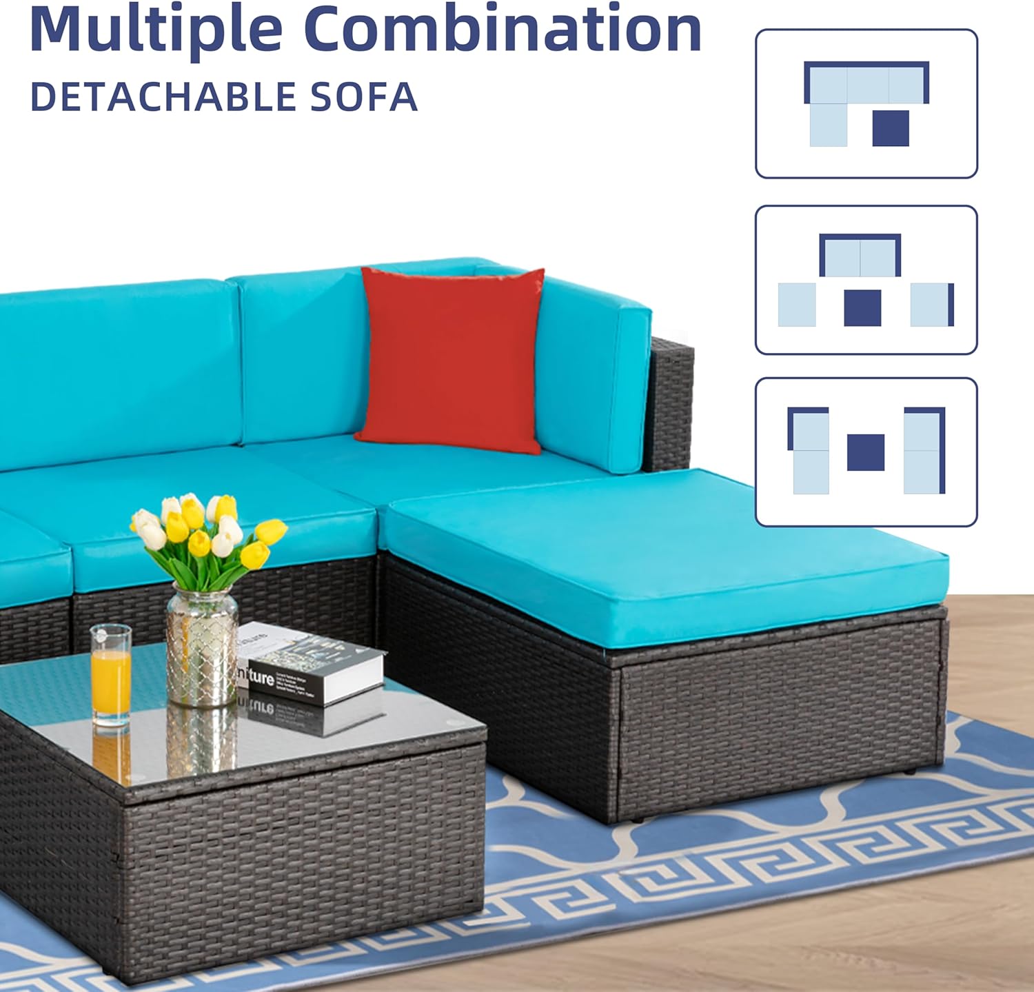 5-Piece All-Weather Patio Furniture Set with Ottoman, Outdoor Wicker Conversation Sofa Set with Cushions for Garden, Deck & Backyard - Image 18