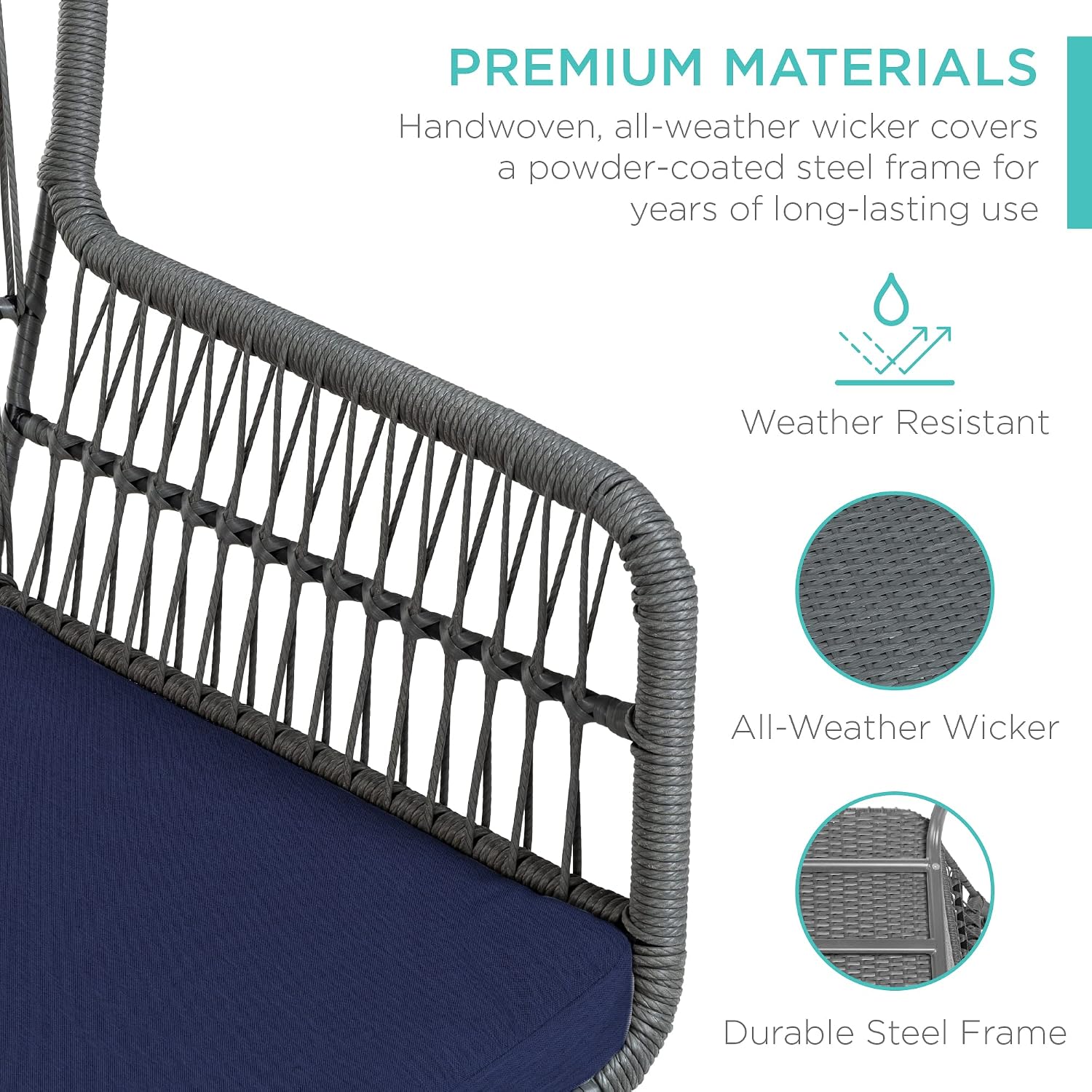 3-Piece Patio Conversation Bistro Set, Outdoor All-Weather Wicker Furniture for Porch, Backyard w/ 2 Wide Ergonomic Chairs, Cushions, Glass Top Side Table - Gray/Navy - Image 5
