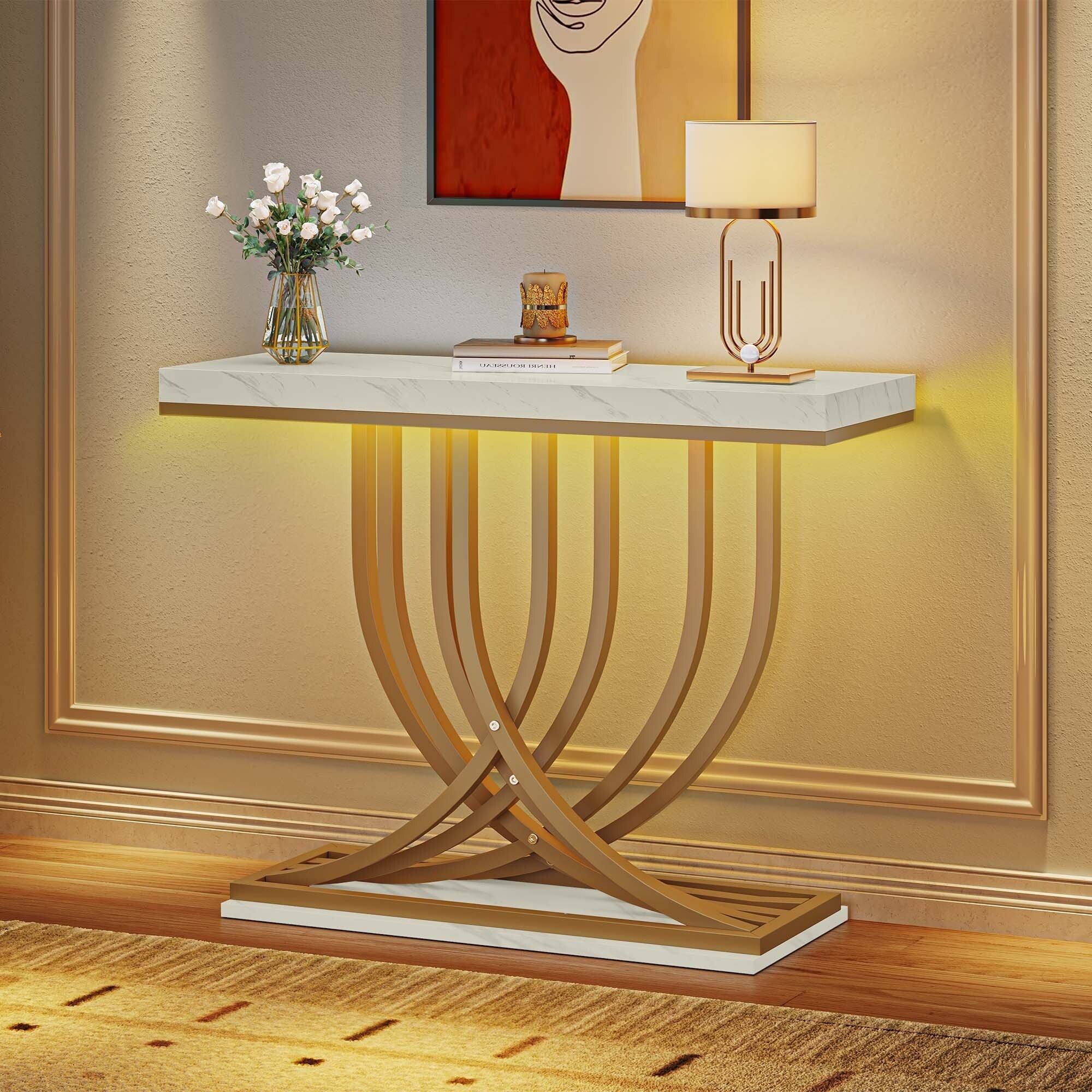 Modern Gold Console Table with Marbled Top, Sofa Table for Entryway and Hallway - Image 22