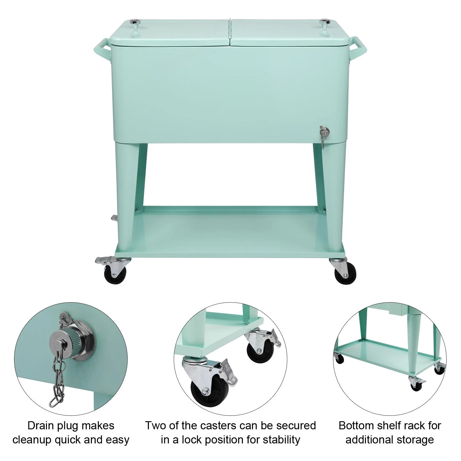 EasingRoom Iron Spray Plastic Patio Cooler Cart with Tray Cooler with Shelf Green - Image 6