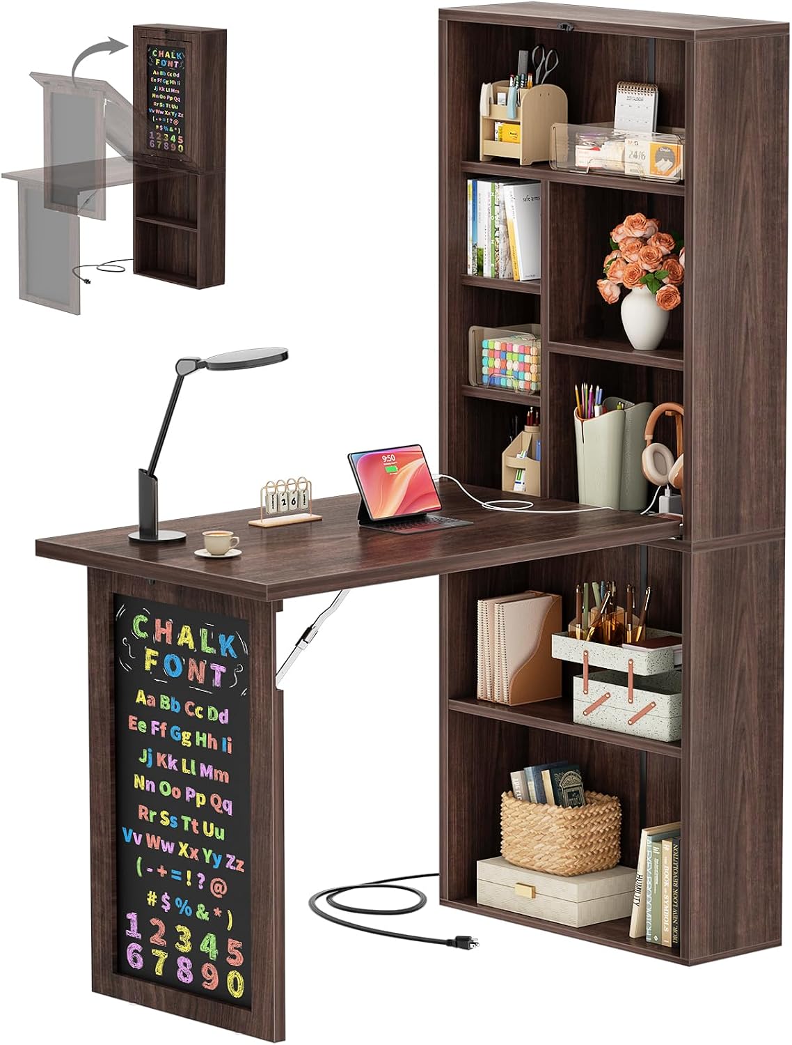 Small Folding Desk with Outlets, Fold-Out Murphy Desk Craft Table - Image 4