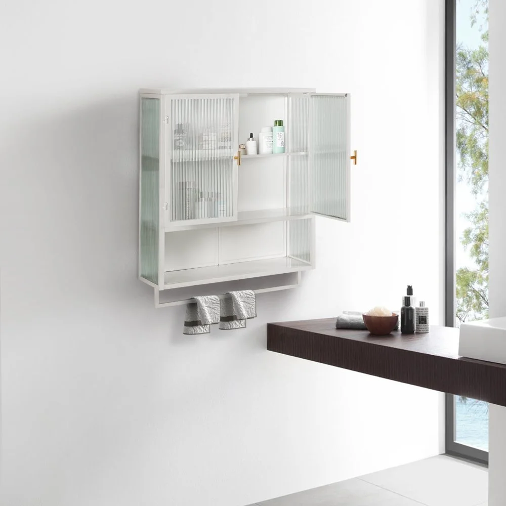 Tcbosik Modern Metal Wall Storage Cabinet with 2 Glass Door and Detachable Shelf, Open Shelf, and Towel Bar, Vintage Cabinet for Kitchen Dining, Bathroom, Living Room, White - Image 3