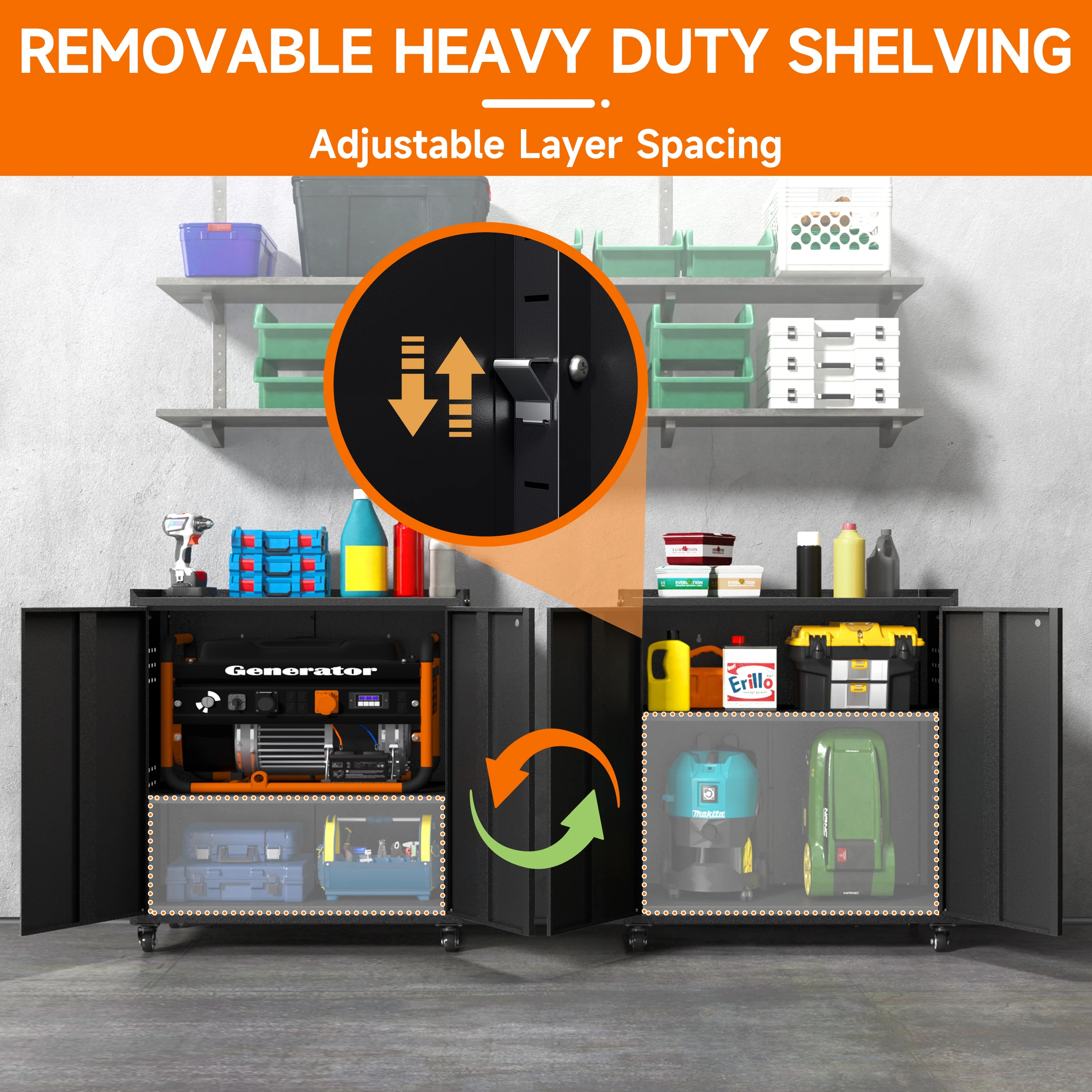 Metal Storage Cabinet with Wheels,Tool Storage Cabinet with Doors and Shelves Adjustable,Heavy Duty Garage Storage Cabinet,Steel Locking Storage Cabinet for Garage/Warehouse/Office/School/Home-Black - Image 10