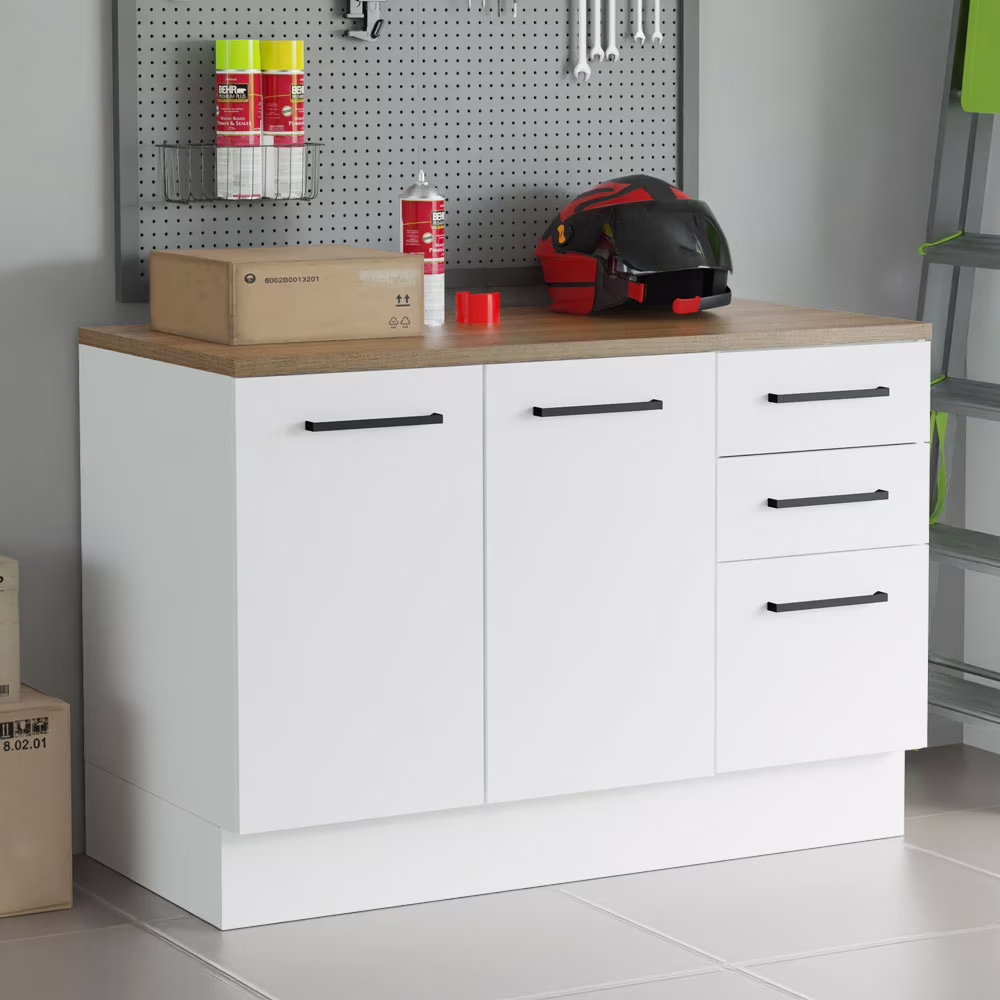Madesa Garage and Utility Room Base Storage Cabinet with 2 Doors and 3 Drawers Storage Shelves 47 Inch Wooden Organization Unit - White