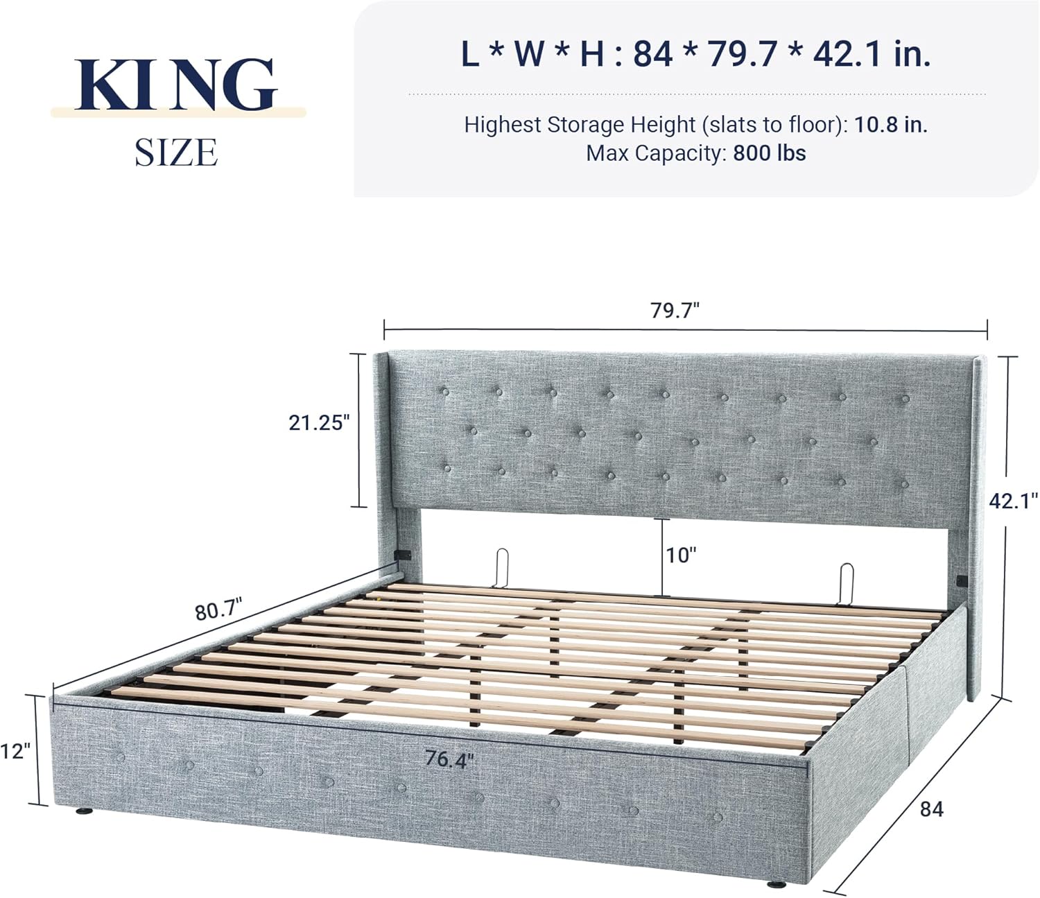 Queen Size Lift Up Storage Bed with Wingback Headboard, Upholstered Platform Bed Frame with Hidden Storage - Image 67
