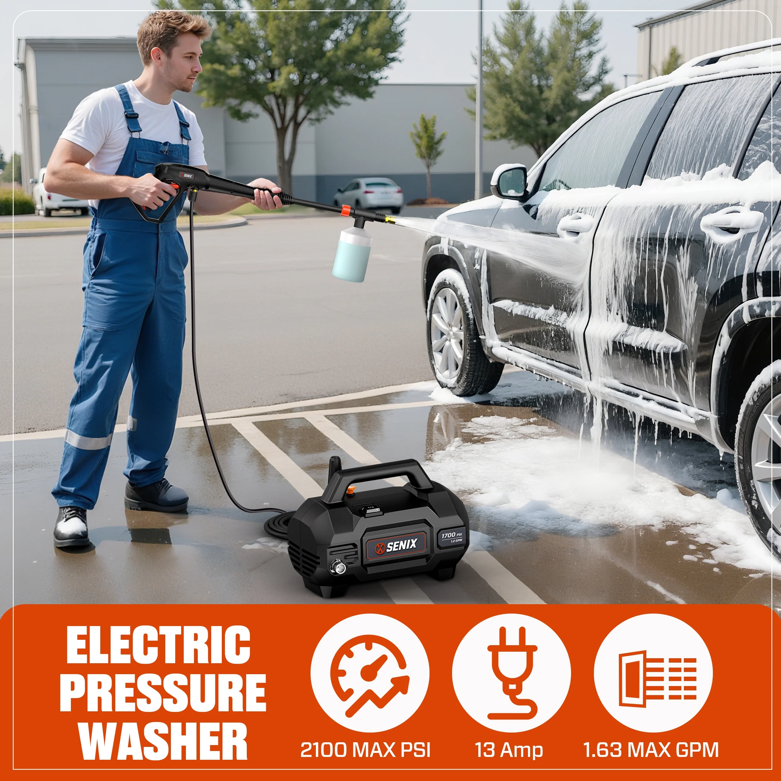 SENIX 2100 PSI Electric Pressure Washer with Foam Cannon, Brushless Motor,Lightweight & Portable, for Car House Patio Driveway Deck Fence, Outdoor Cleaning Power Washer - Image 5