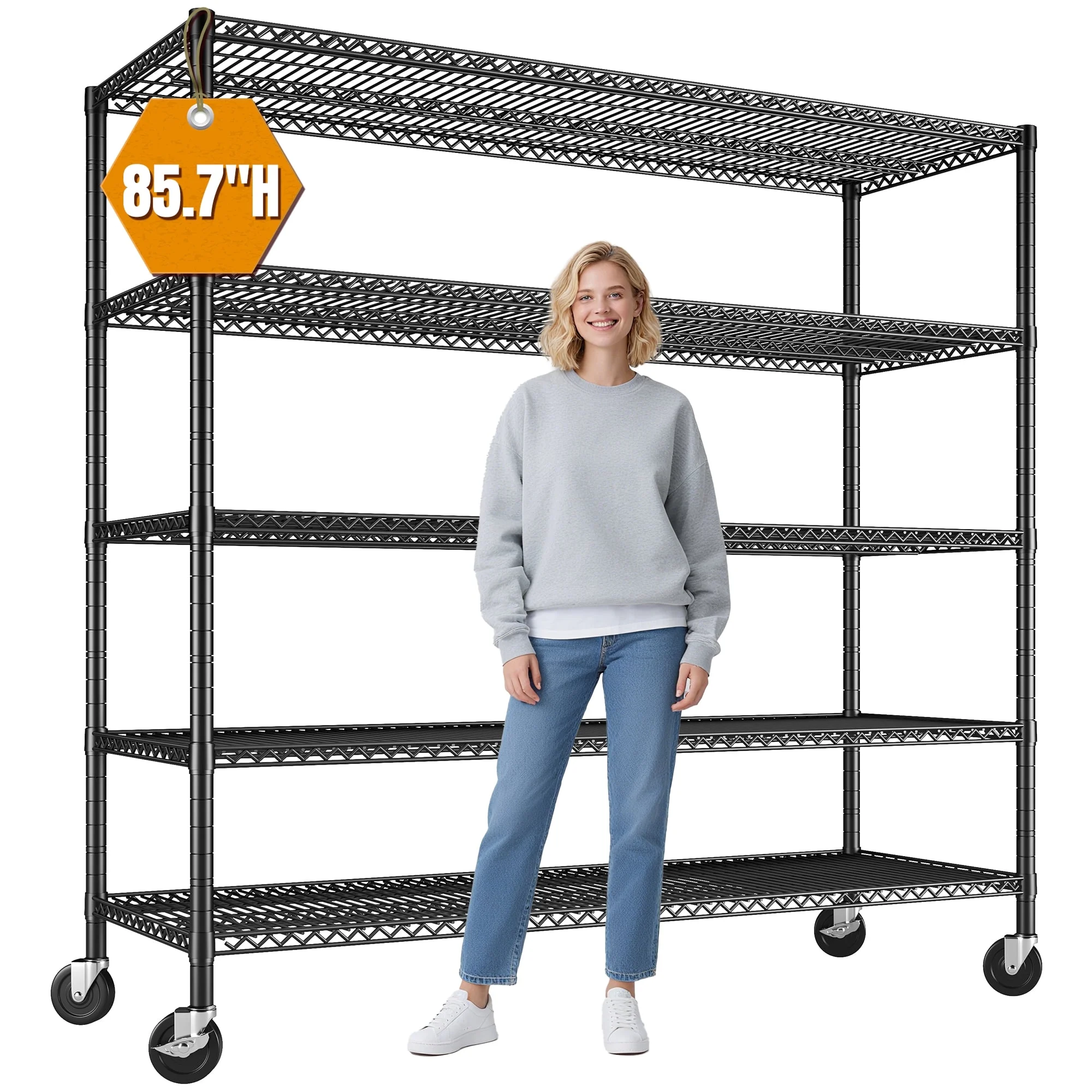 REIBII 85.7"H Storage Shelving Rack 5 Tier Wire Shelves with Wheels 3000Lbs Adjustable Garage Shelving Unit for Kitchen Pantry,55.2"W x 24.2"D - Image 8