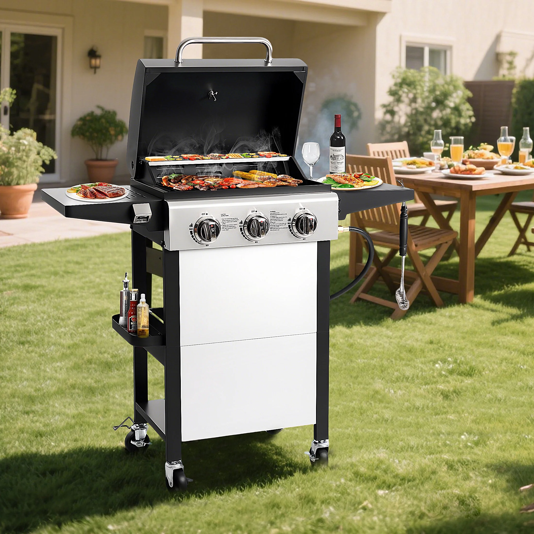 Segmart 3 Burner BBQ Propane Gas Grill, Stainless Steel 30,000 BTU Patio Garden Barbecue Grill with Folding Side Tables, Hanging Basket & Thermometer, Perfect for Camping, Outdoor Cooking - Image 2
