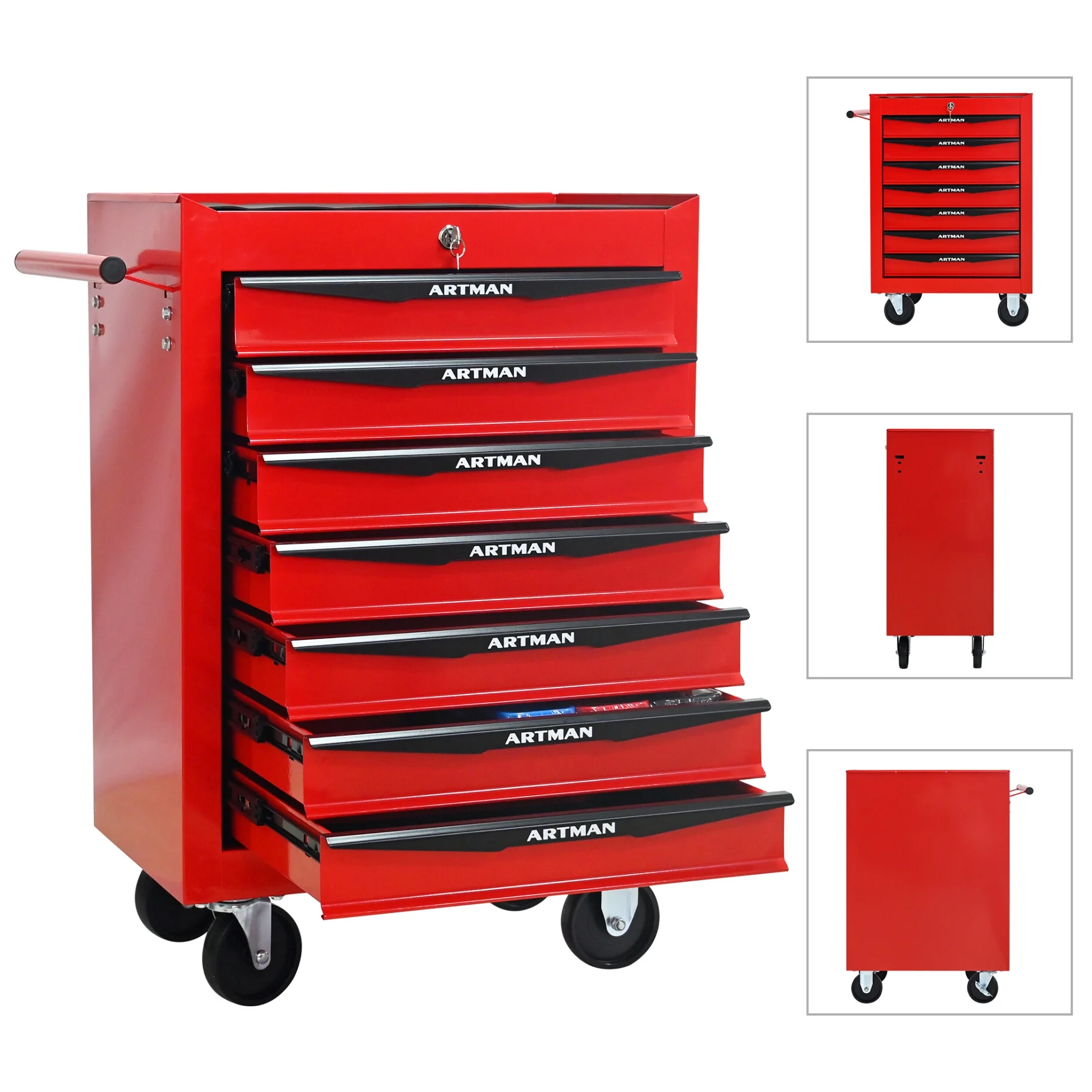 Rolling Steel Tool Chest with 7 Drawers, Ball Bearing Slides & 4-Wheel Mobility - Lockable Storage Cabinet for Workshop or Garage - Image 6