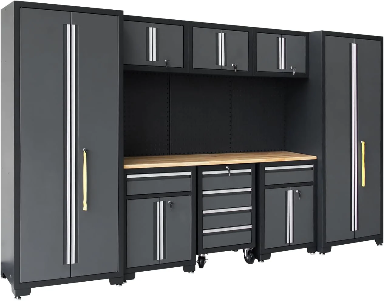 HPDMC Garage Storage Cabinet System 9-Pcs Workshop Set Metal Garage Cabinets and Storage System with Steel Cabinet Drawers, Rolling Chest, Workbench, Pegboard for Garage Tool Organization - Image 10