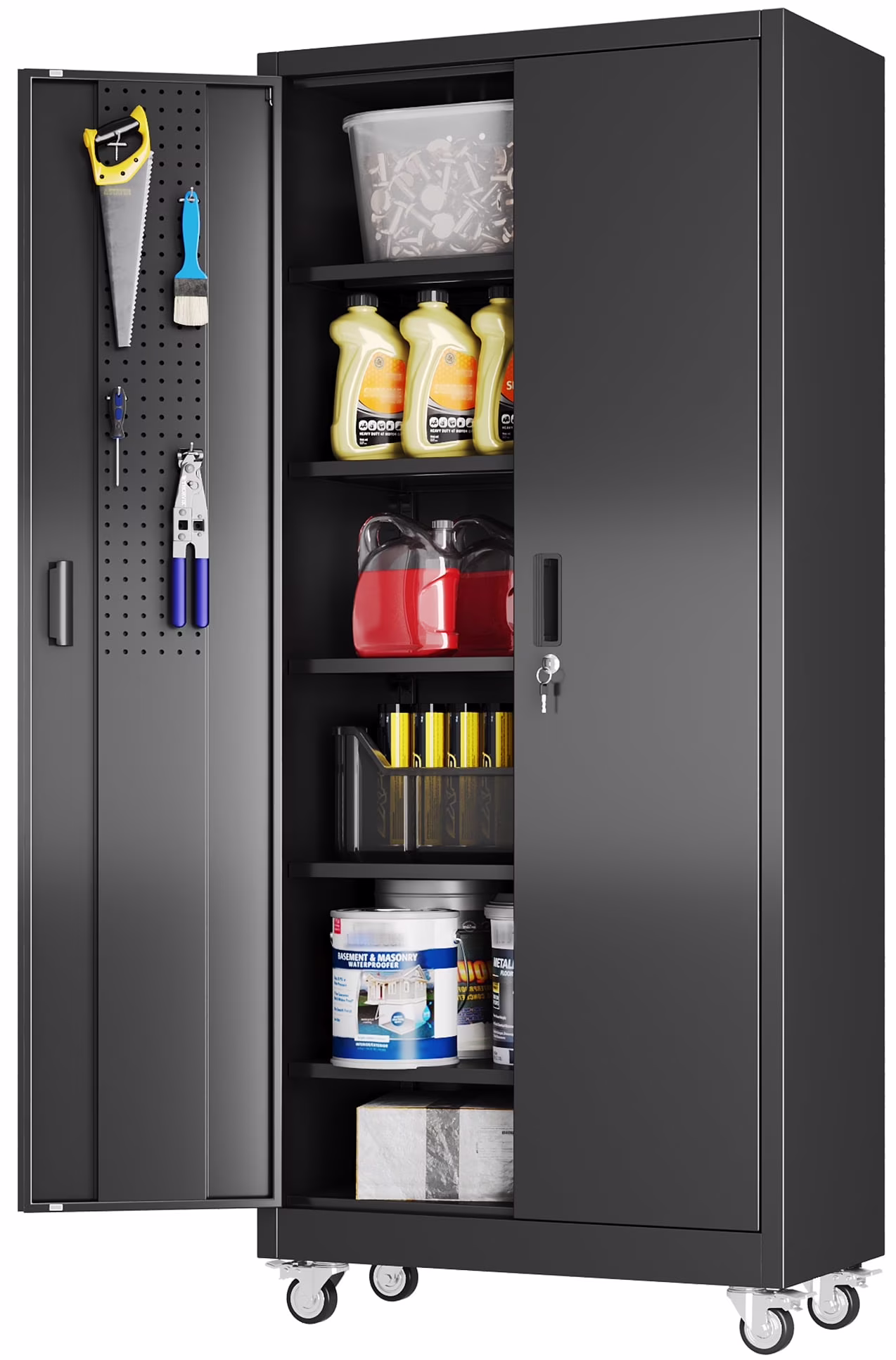 GangMei 71 Inches Tall Metal Garage Storage Cabinets with 5 Adjustable Shelves & Pegboards, Lockable Steel Black Storage Cabinet with Doors for Office, Home, School, Shops, Garage, Assembly required - Image 3