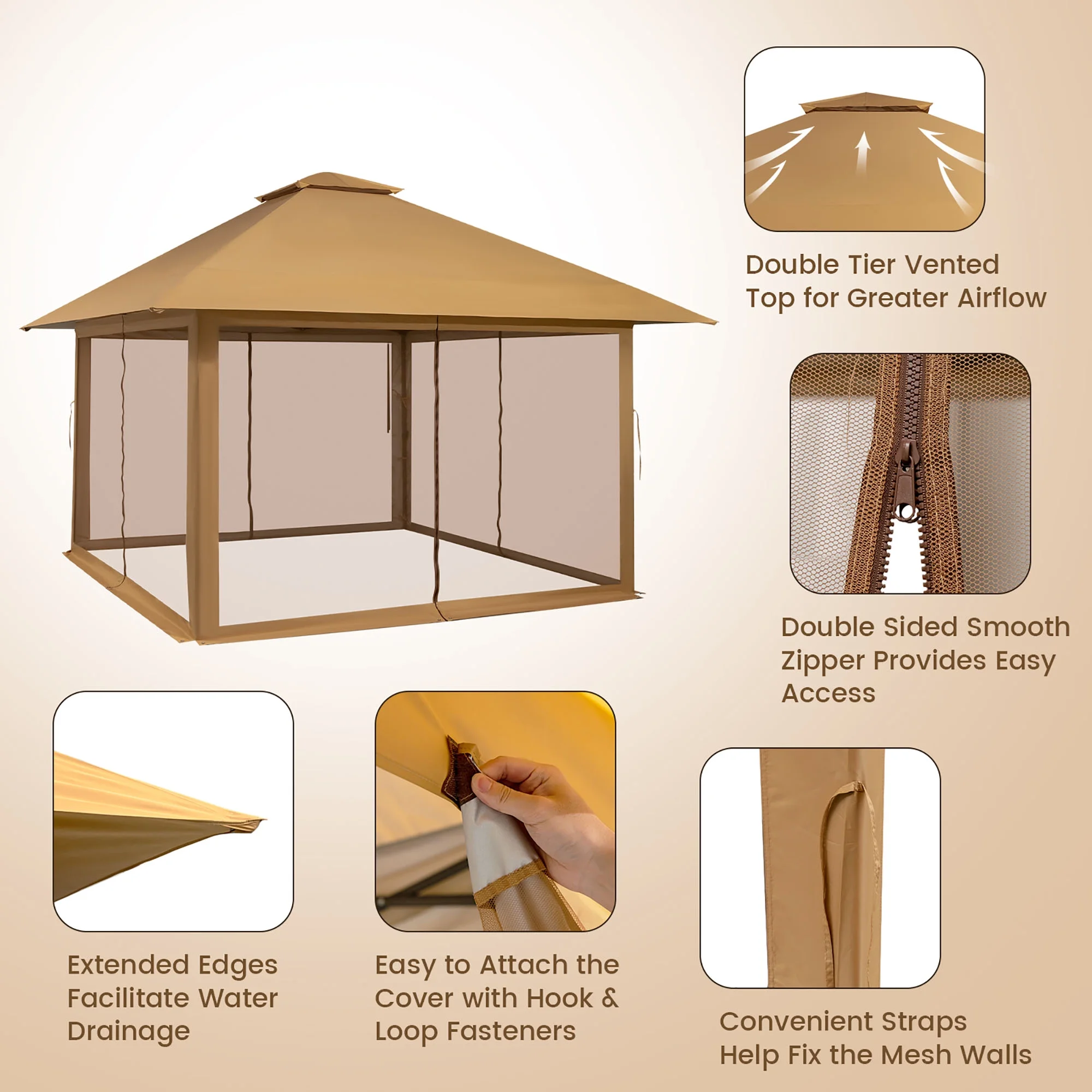 Costway 13x13ft Pop-up Instant Canopy Tent Mesh Sidewall UV50+ Adjust Outdoor Patio Khaki - Image 7
