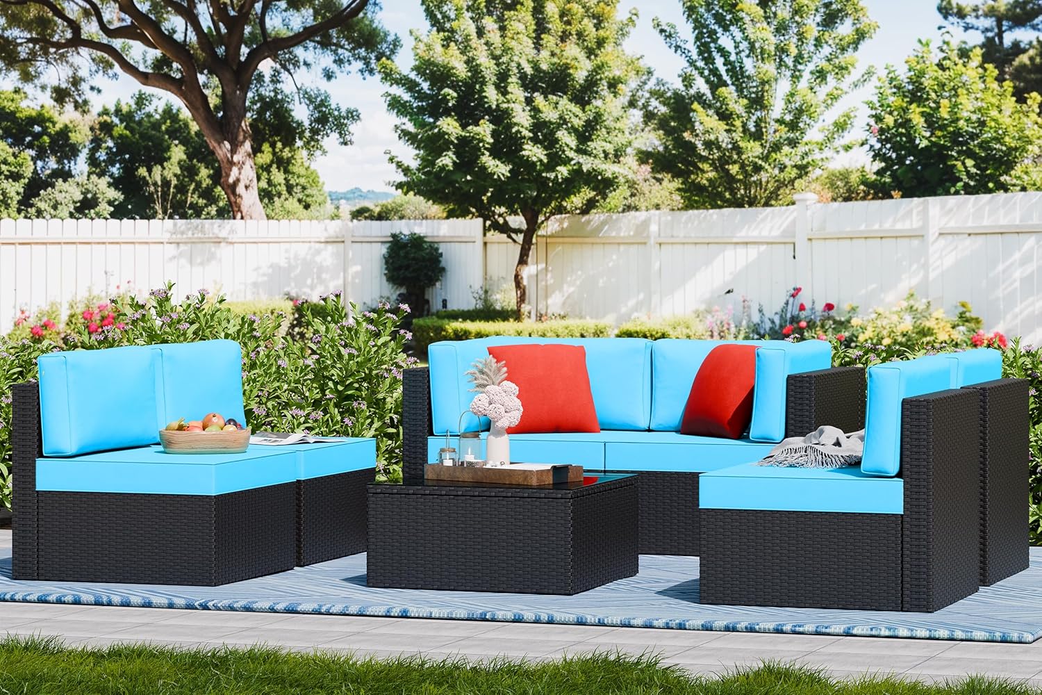 5-Piece All-Weather Patio Furniture Set with Ottoman, Outdoor Wicker Conversation Sofa Set with Cushions for Garden, Deck & Backyard - Image 49