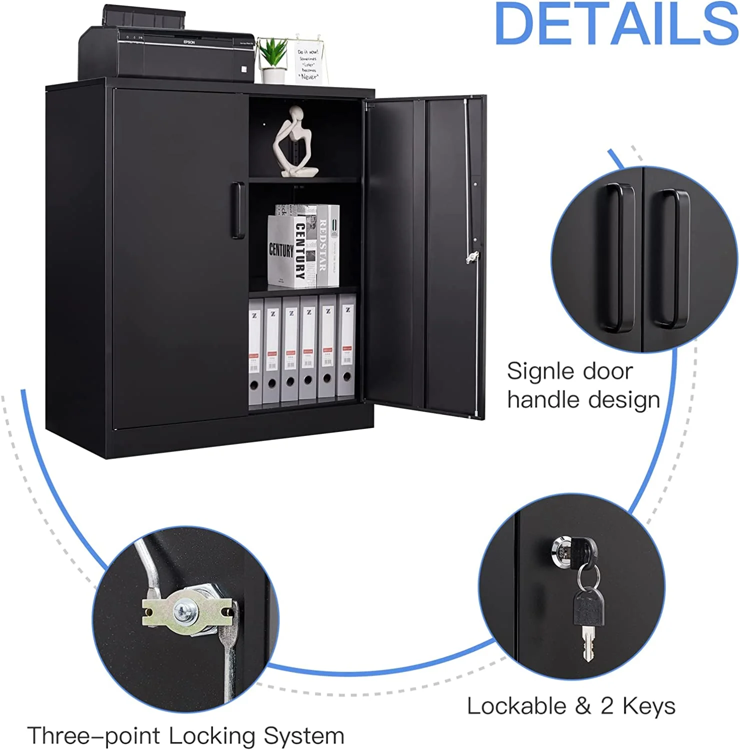 Metal Garage Storage Cabinet with 2 Doors and 2 Adjustable Shelves - 35.5" Steel Lockable File Locking Counter Cabinet for Home Office,Gym,School-Black- - Image 4