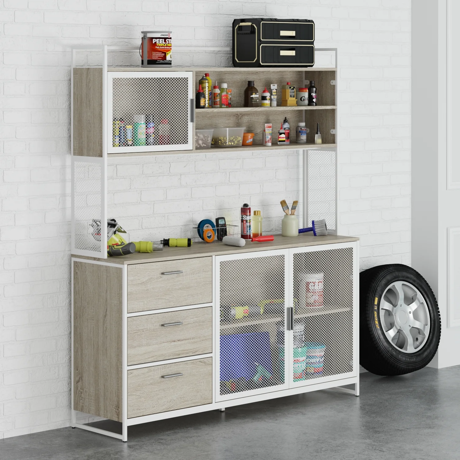 WIAWG Garage Cabinet with 3 Drawers and Metal Mesh Door, Industrial Mutifunctional Tool Storage Cabinet for Warehouse, Basement, Home Office (Walnut) - Image 11