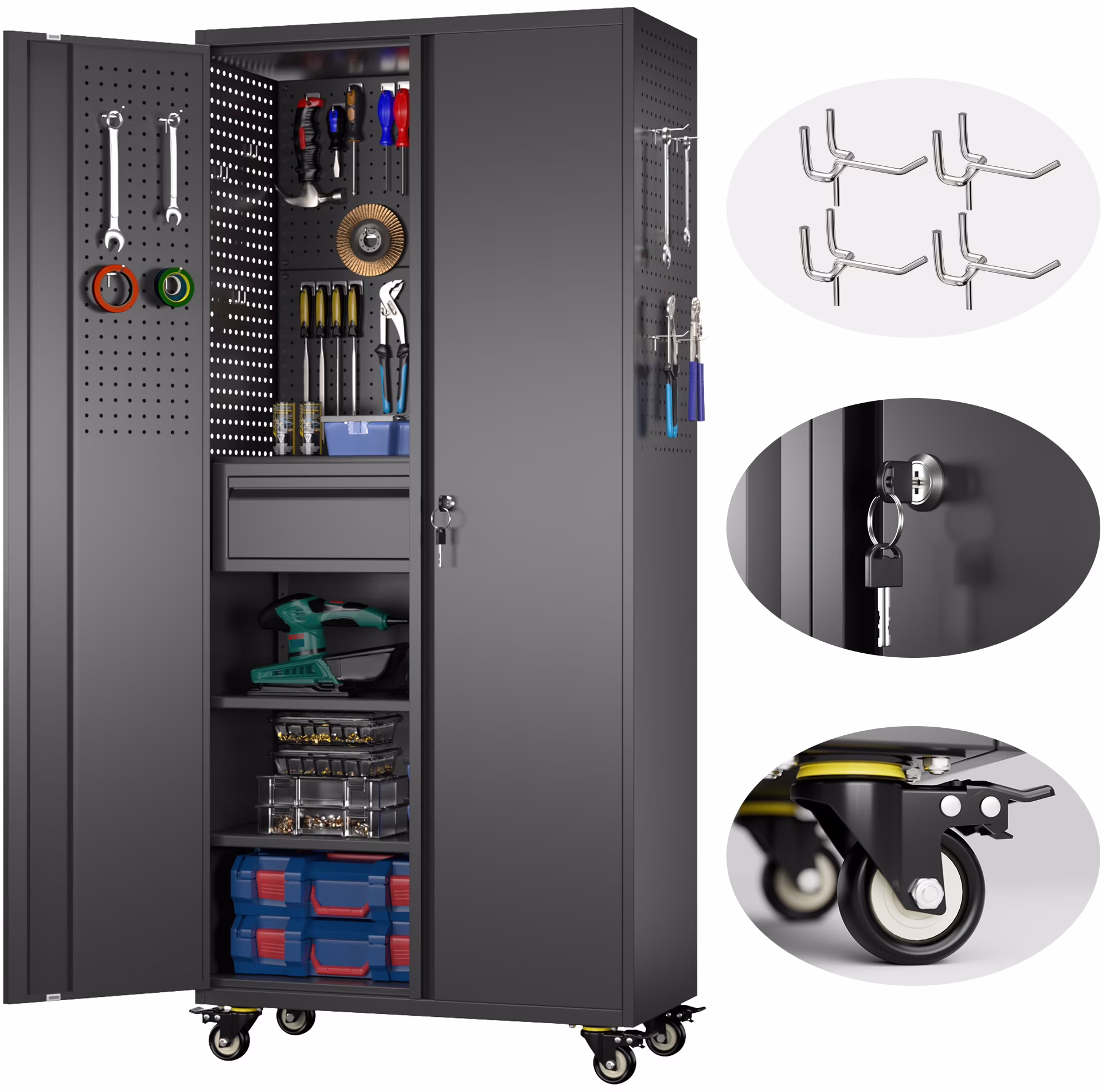SUPEER 71" Metal Storage Cabinets with Wheels and Pegboards, Industrial Cabinet with 2 Drawers and 2 Adjustable Shelves,, Assembly Required - Image 11