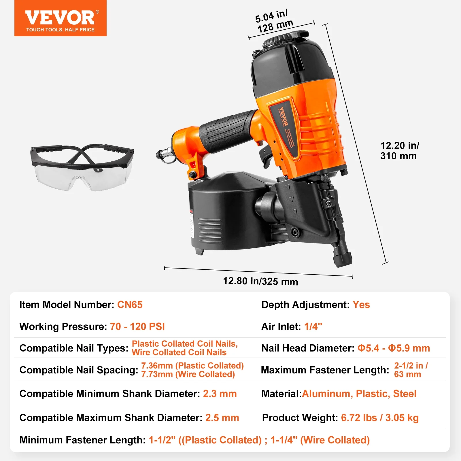VEVOR Coil Siding Nailer CN65, 1-1/4" to 2-1/2" 15 Degree Pneumatic Siding Nail Gun with Tool-Less Depth Adjustment, 70-120PSI Air Coil Nailer for Siding, Pallet Sheathing, Wooding, Fencing - Image 7