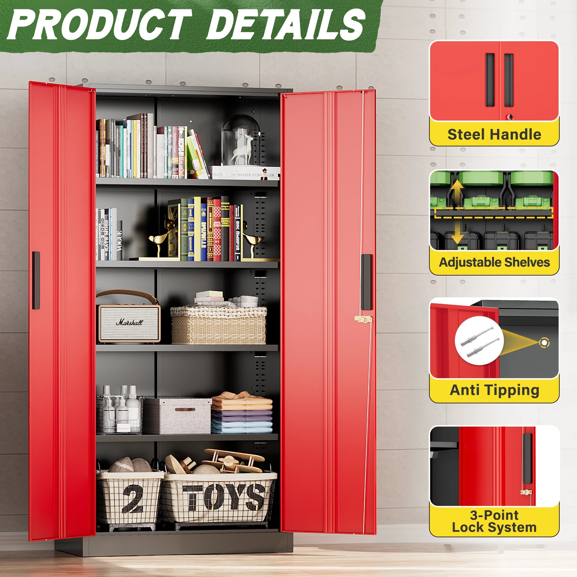 SOLAURA Metal Storage Cabinet with Wheels, 73" Garage Rolling Cabinet with Locking Door and 4 Shelves, Tool Cabinet on Caster for Home, Office, Black - Image 54