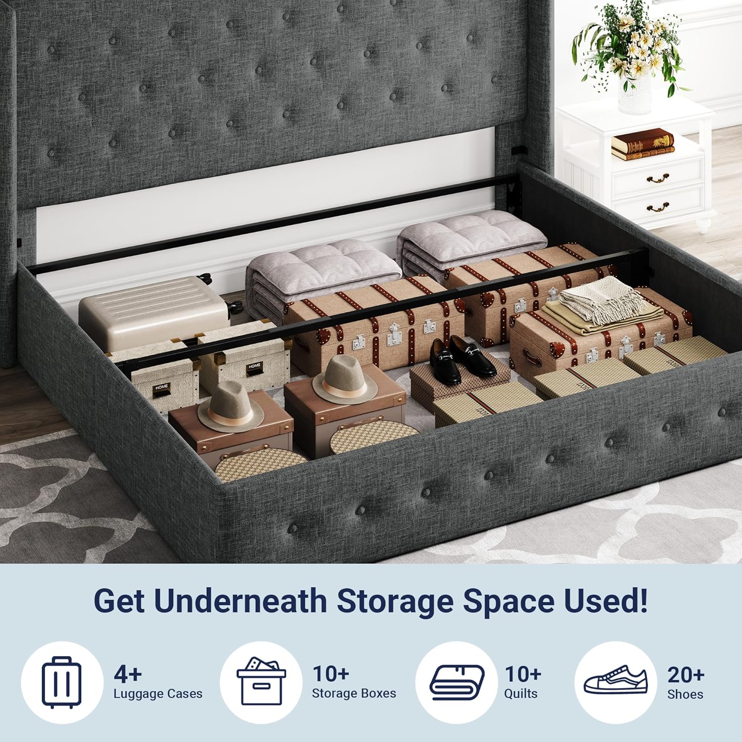 Queen Size Lift Up Storage Bed with Wingback Headboard, Upholstered Platform Bed Frame with Hidden Storage - Image 74