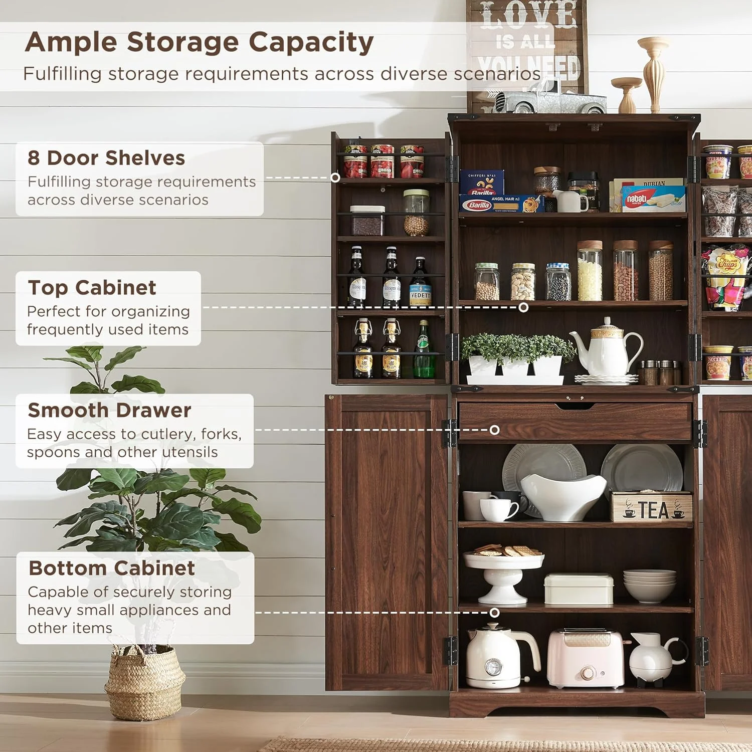 47" Kitchen Pantry, Farmhouse Storage Cabinet with Barn Doors, Organizer and Adjustable Shelves, Rustic Wood Cupboard for Kitchen, Dining Room, Bathroom and Hallway, Black - Image 35