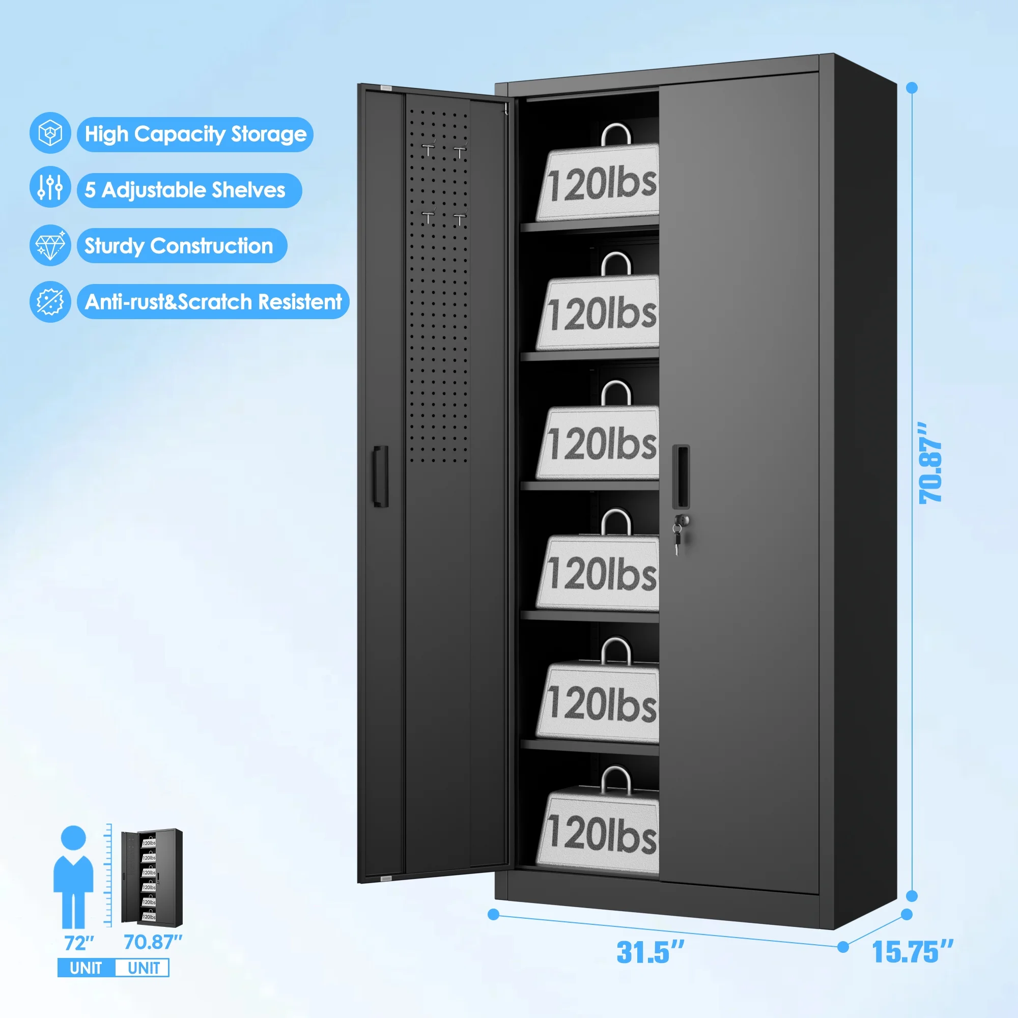 GAEANET 2 Door Metal Storage Cabinet with 5 Adjustable Shelves &Pegboard, 71" H-32" W-16" D Locking Steel Garage Cabinet, for Garage,Office,Home,Gym,School, File Cabinet,Assembly Required, Black - Image 2