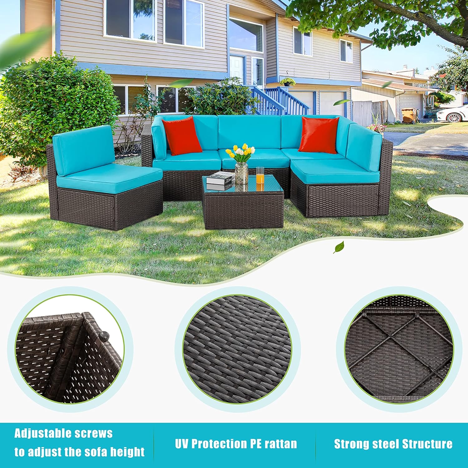 5-Piece All-Weather Patio Furniture Set with Ottoman, Outdoor Wicker Conversation Sofa Set with Cushions for Garden, Deck & Backyard - Image 23