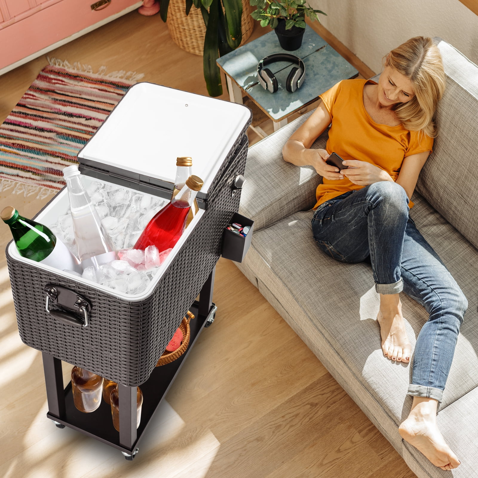 EasingRoom Iron Spray Plastic Patio Cooler Cart with Tray Cooler with Shelf Green - Image 26