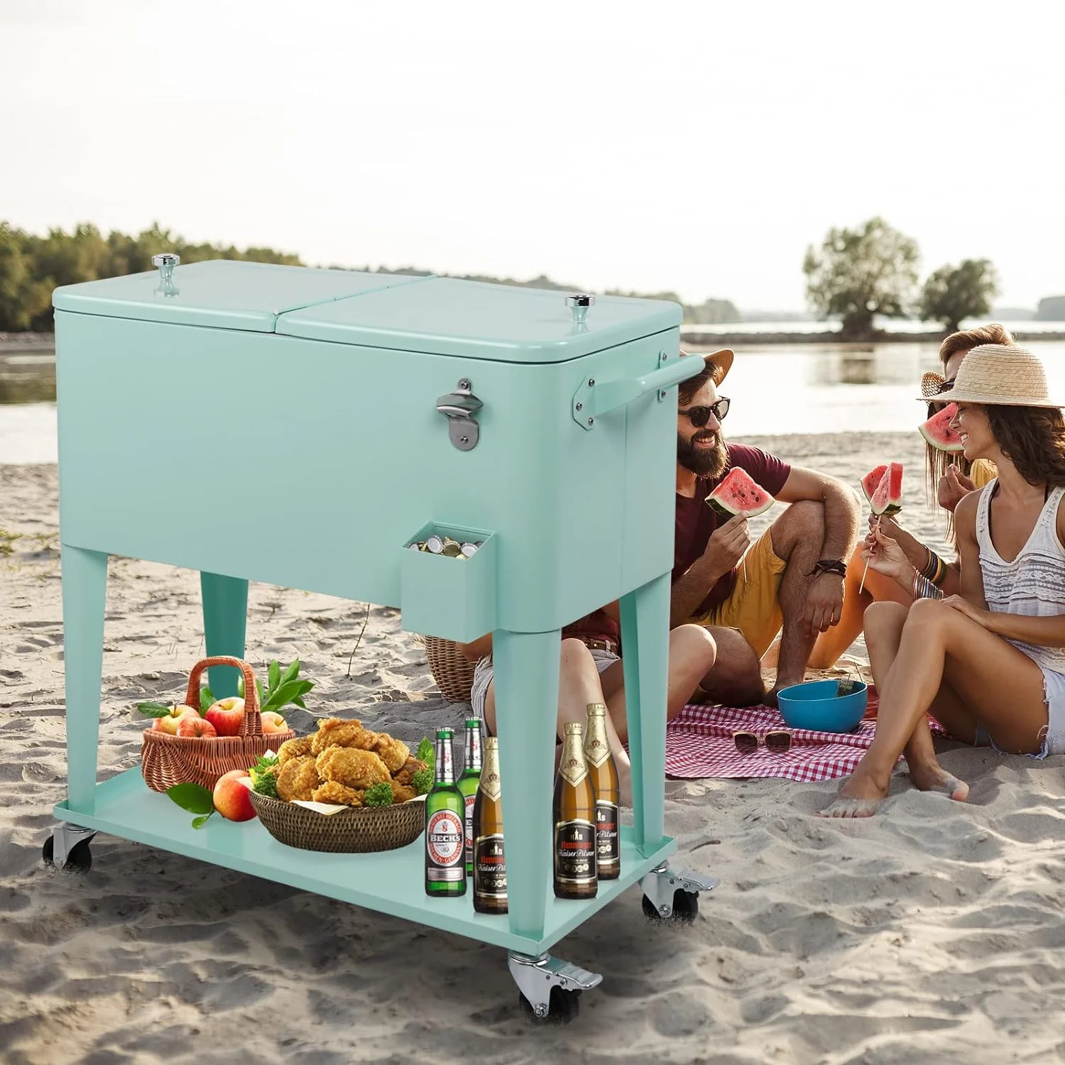80 Quart Rolling Ice Chest, Portable Bar Drink Cooler with Catch Basin, Bottom Storage Tray and Bottle Opener for Patio Party BBQ Beach Activities - Image 18