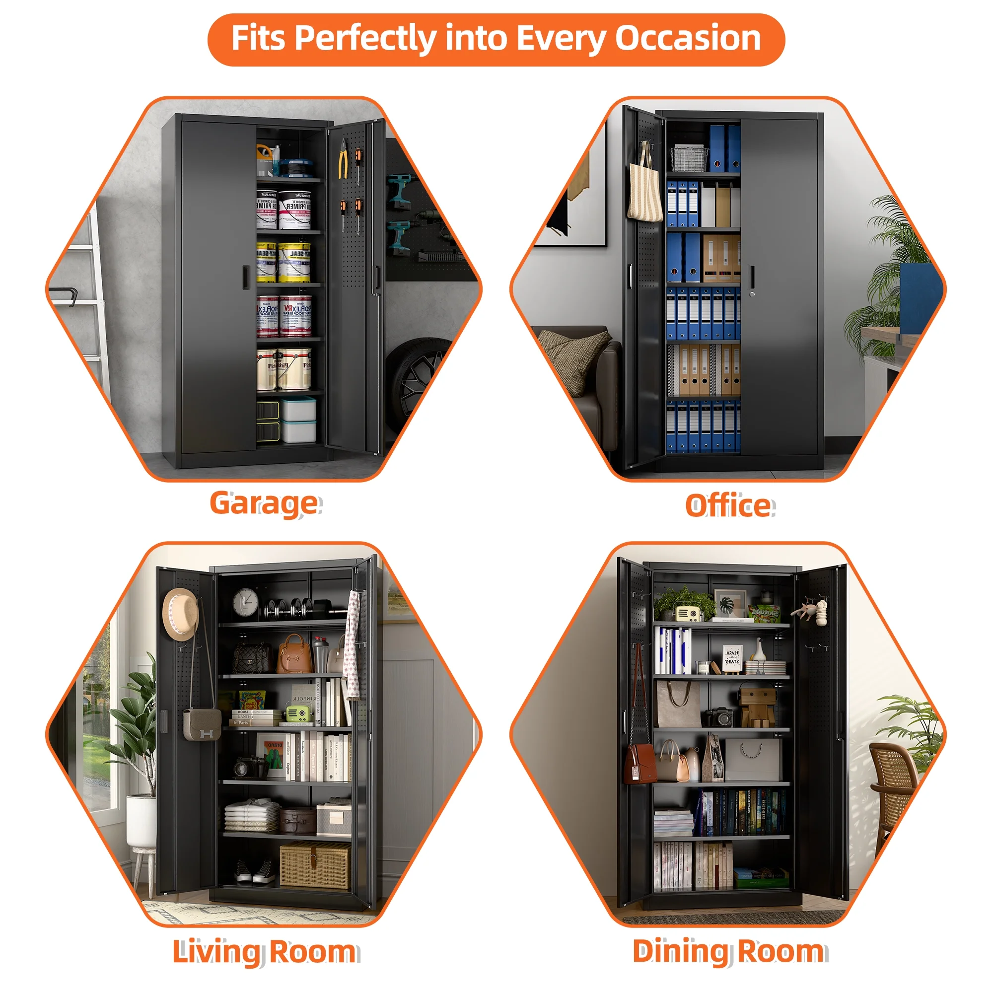 Aobabo Metal Storage Cabinet with Lock & Pegboard,Garage Storage Cabinet with 5 Adjustable Shelves,Tool Storage Cabinets for Home Office Garage,Assembly Required,Black - Image 10