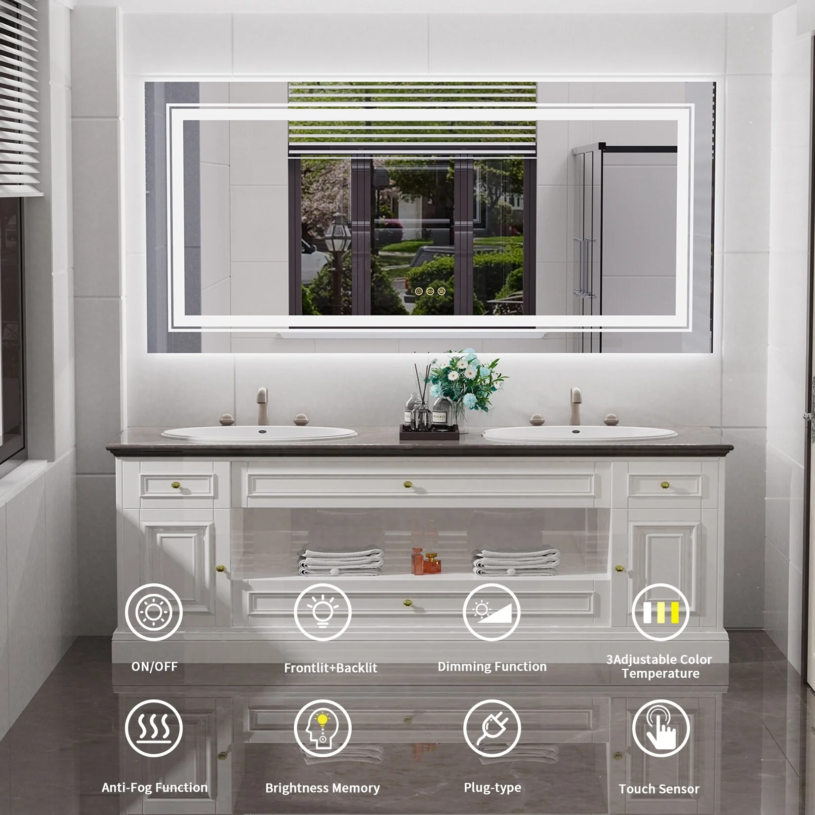 Extra Large LED Lighted Bathroom Mirror, Anti-Fog Wall Mounted Vanity Mirror with 3 Colors - Image 40