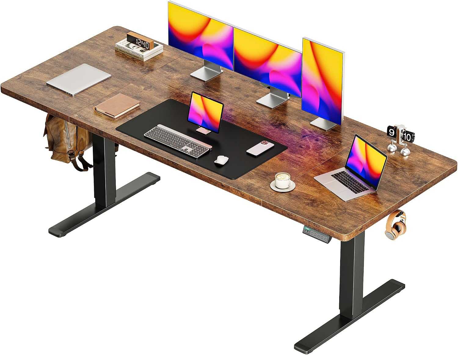 55 x 28 Large Electric Standing Desk, Height Adjustable Computer Desk, 27.6" Deep Desktop, Stand up Gaming Office Desk with 2 Hooks, 3 Preset Heights, for Home Office, Rustic Brown - Image 7