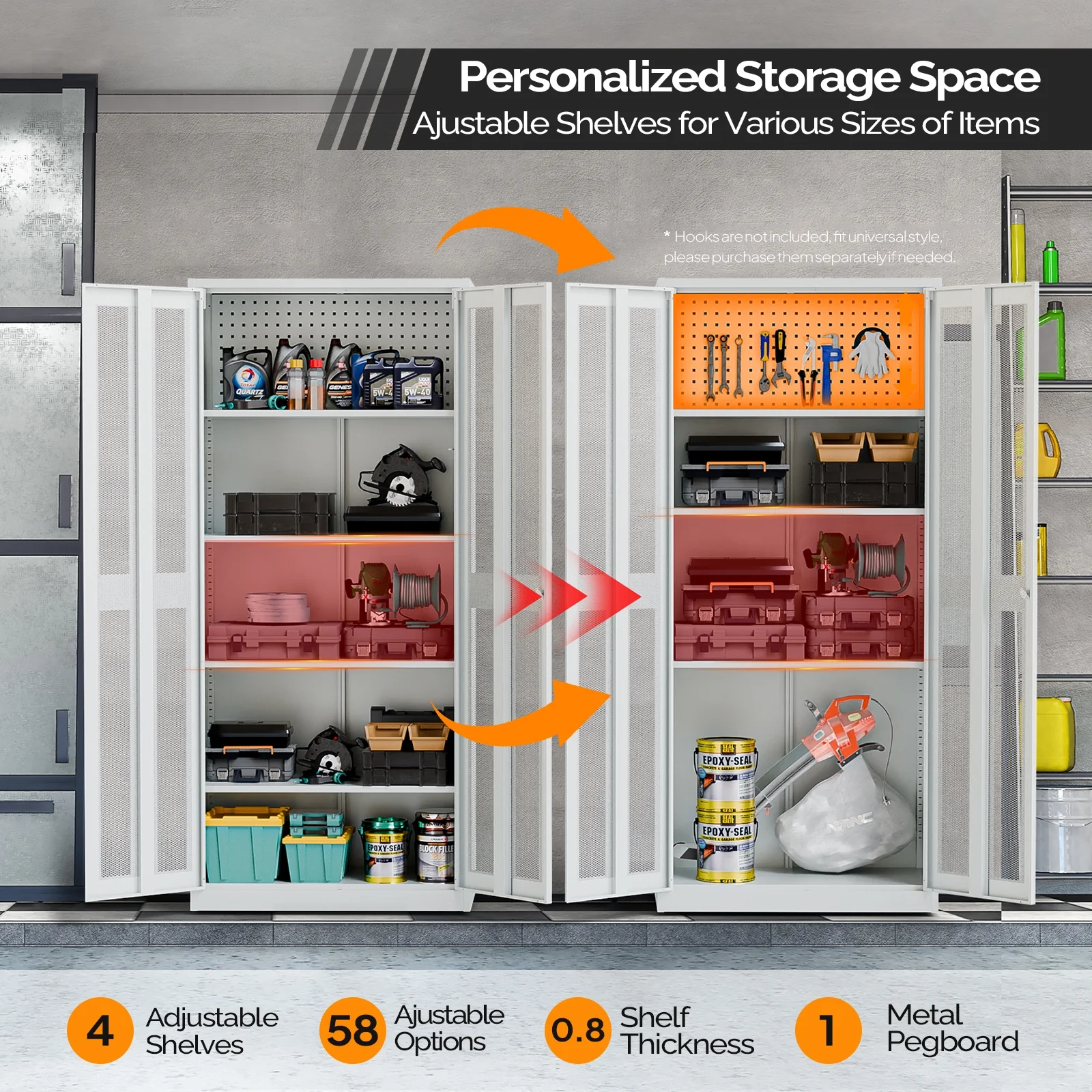 Ktaxon 71"H Metal Garage Storage Cabinet with 2 Mesh Doors, Garage Tool Storage Cabinet with Pegboards and 4 Adjustable Shelves, Locking Steel Tool Cabinets for Garage, Office, Workshop, Warehouse - Image 10