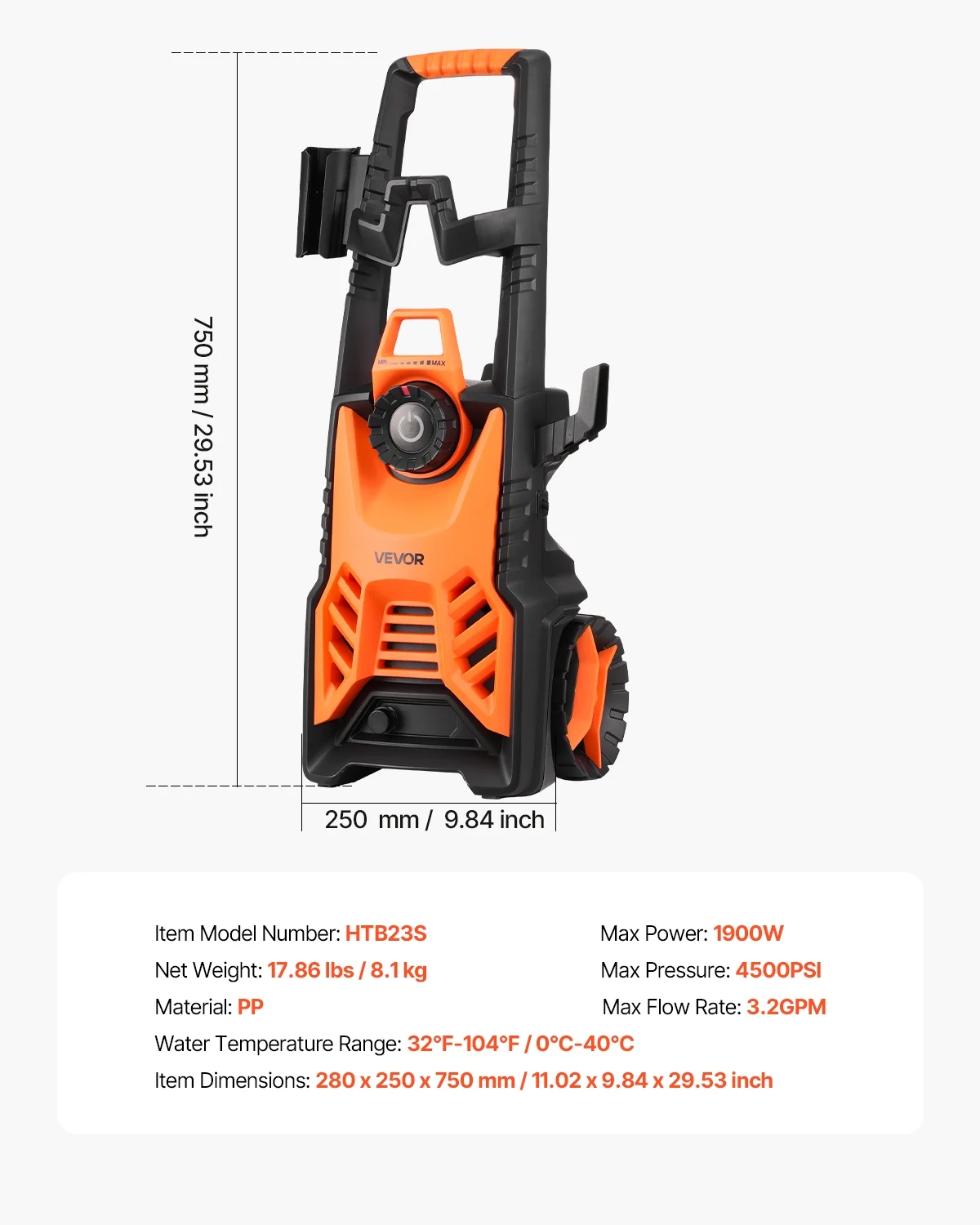 VEVOR Electric Pressure Washer, Max 4500 Psi and 3.2 GPM with Pressure Adjustment, High Power Pressure Cleaning Machine with 4 Quick Connect Nozzles - Image 7