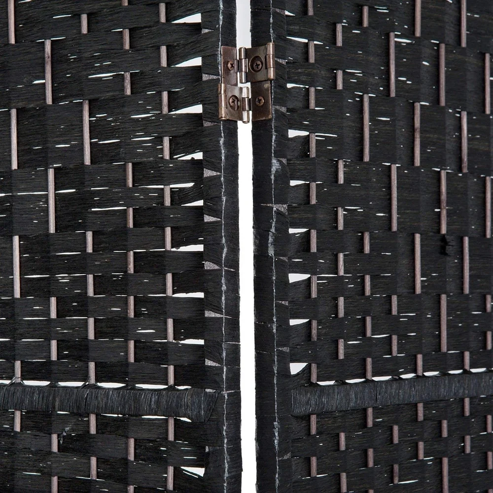 6 Ft Tall Four-Panel Wicker Weave Room Divider, Black Wood Privacy Screen - Image 7