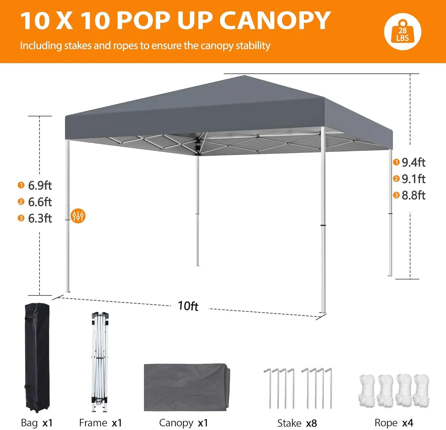 10 X 10ft Pop Up Canopy Tent Easy Set up Outdoor Instant Straight Legs Portable Gazebo Shelter with Wheeled Bag for Camp Beach Patio and Garden (Grey) - Image 4