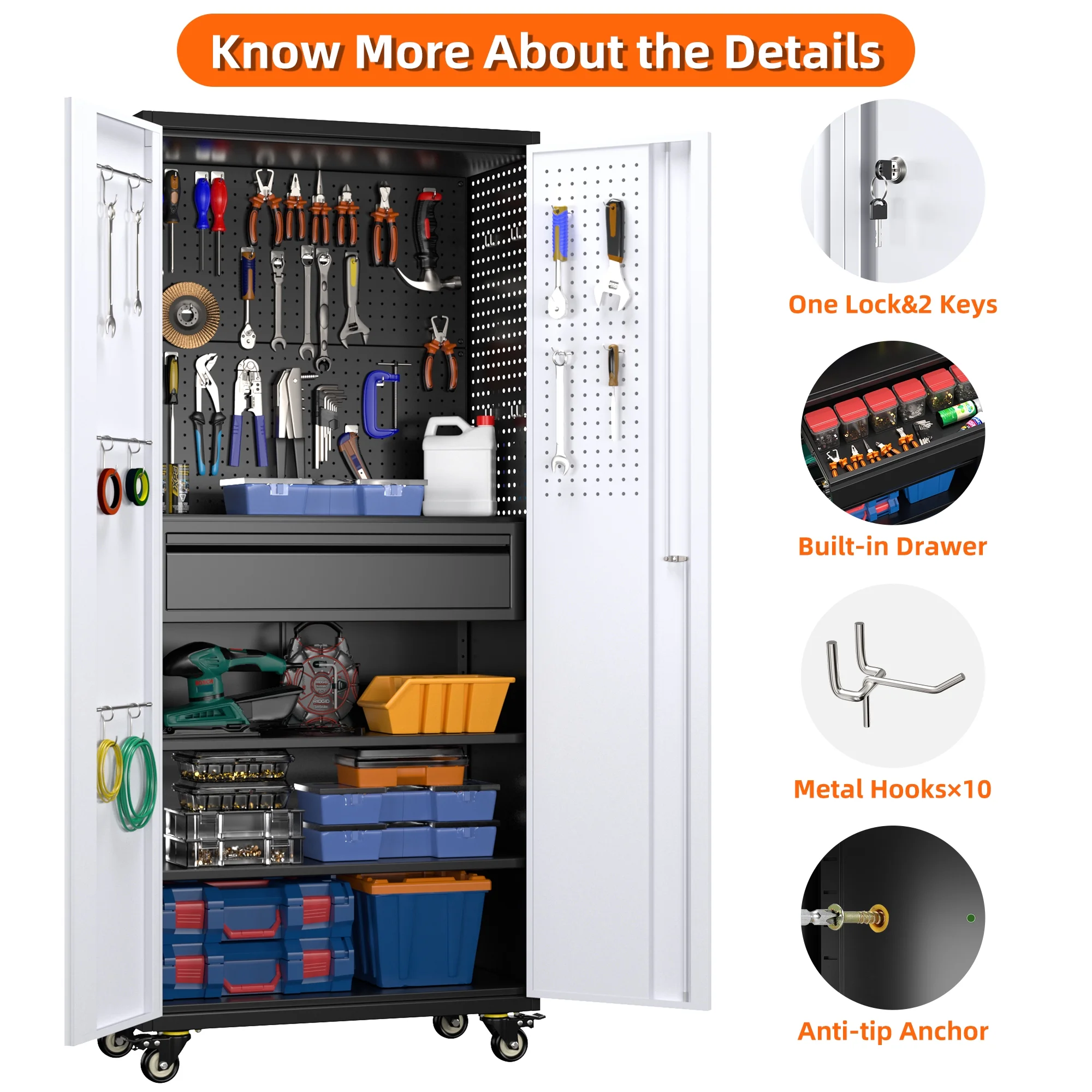 Aobabo Metal Storage Cabinet with Lock,Garage Storage Cabinet with Wheels,72In Steel Storage Cabinet for Garage Home Storage, Black Required-Assembly - Image 105