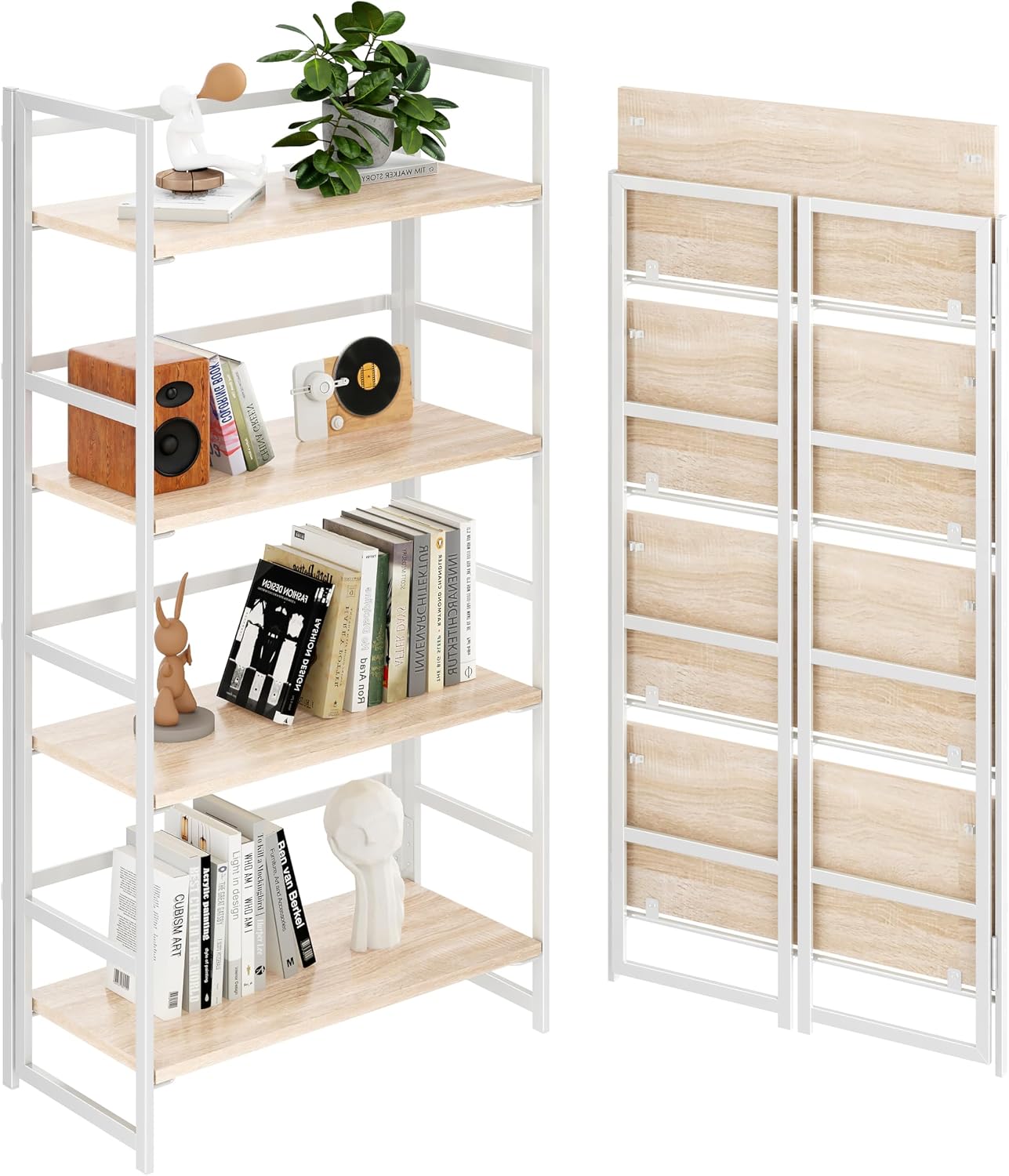 Vintage Multifunctional Folding Bookshelf, No-Assembly Plant Stand Storage Rack Shelves for Home Office (White, 5-Tier) - Image 11