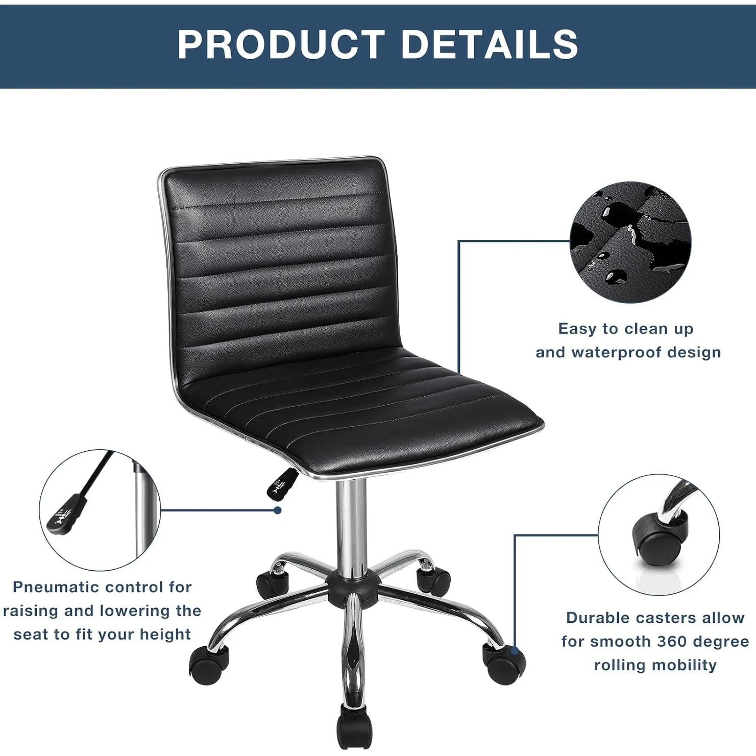 Adjustable Mid-Back Armless Swivel Office Chair, Ribbed Task and Vanity Chair for Small Spaces - Image 13
