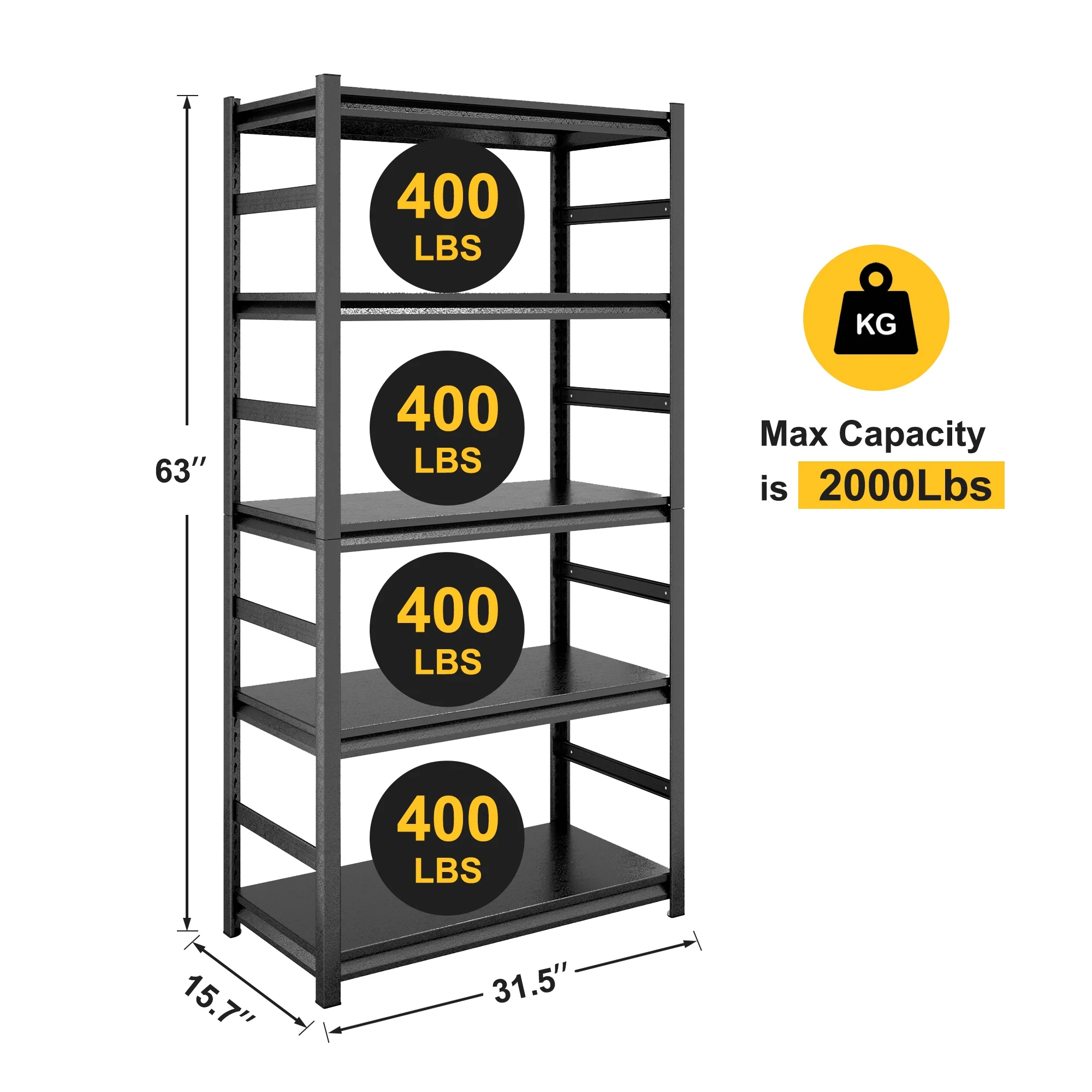 COOKCOK 5-Tier Storage Shelving Unit, Metal Shelf, 39.4"x15.8"x 63", Adjustable Garage Storage Shelf, Load Up to 2000LBS, Kitchen Shelf with Protective Side - Image 2