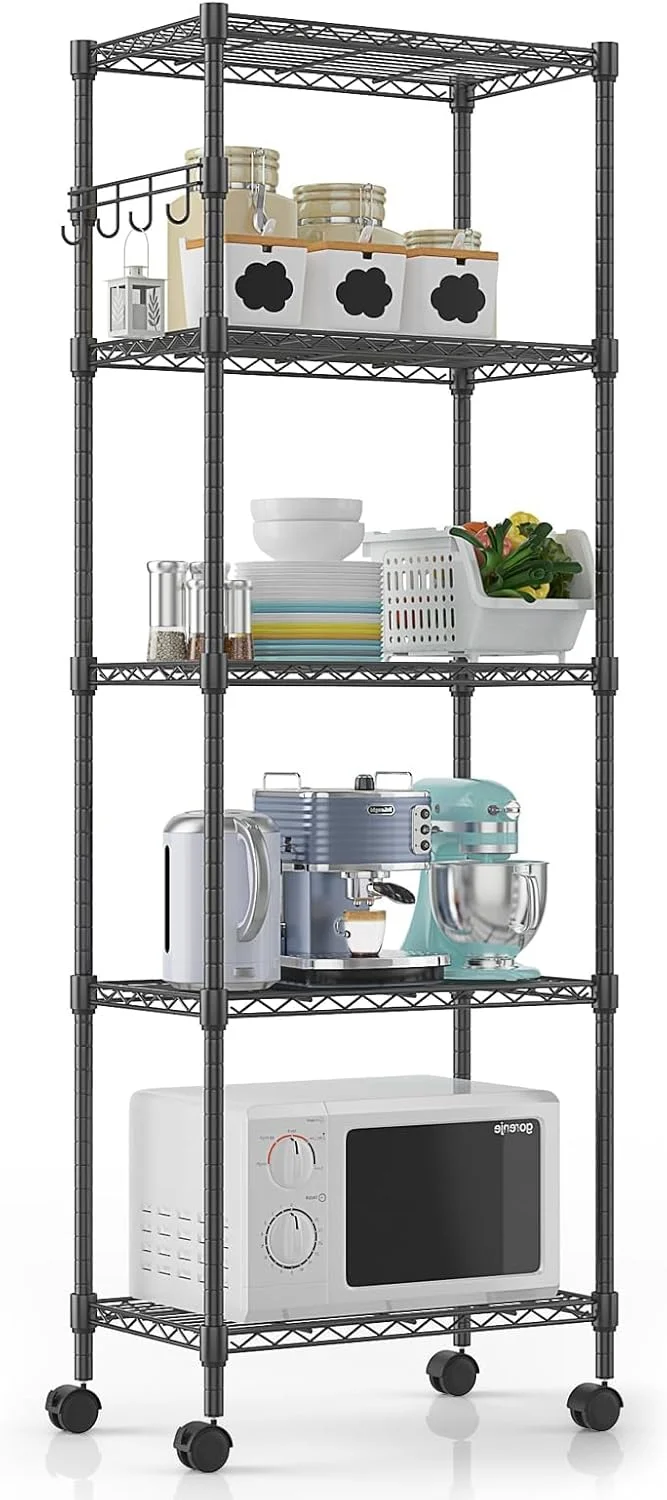 5-Tier Storage Shelf Wire Shelving Unit on Wheels, Adjustable Heavy Duty Metal Shelves with Side Hooks, Steel Rack Organization for Kitchen Garage Basement, Silver - Image 10