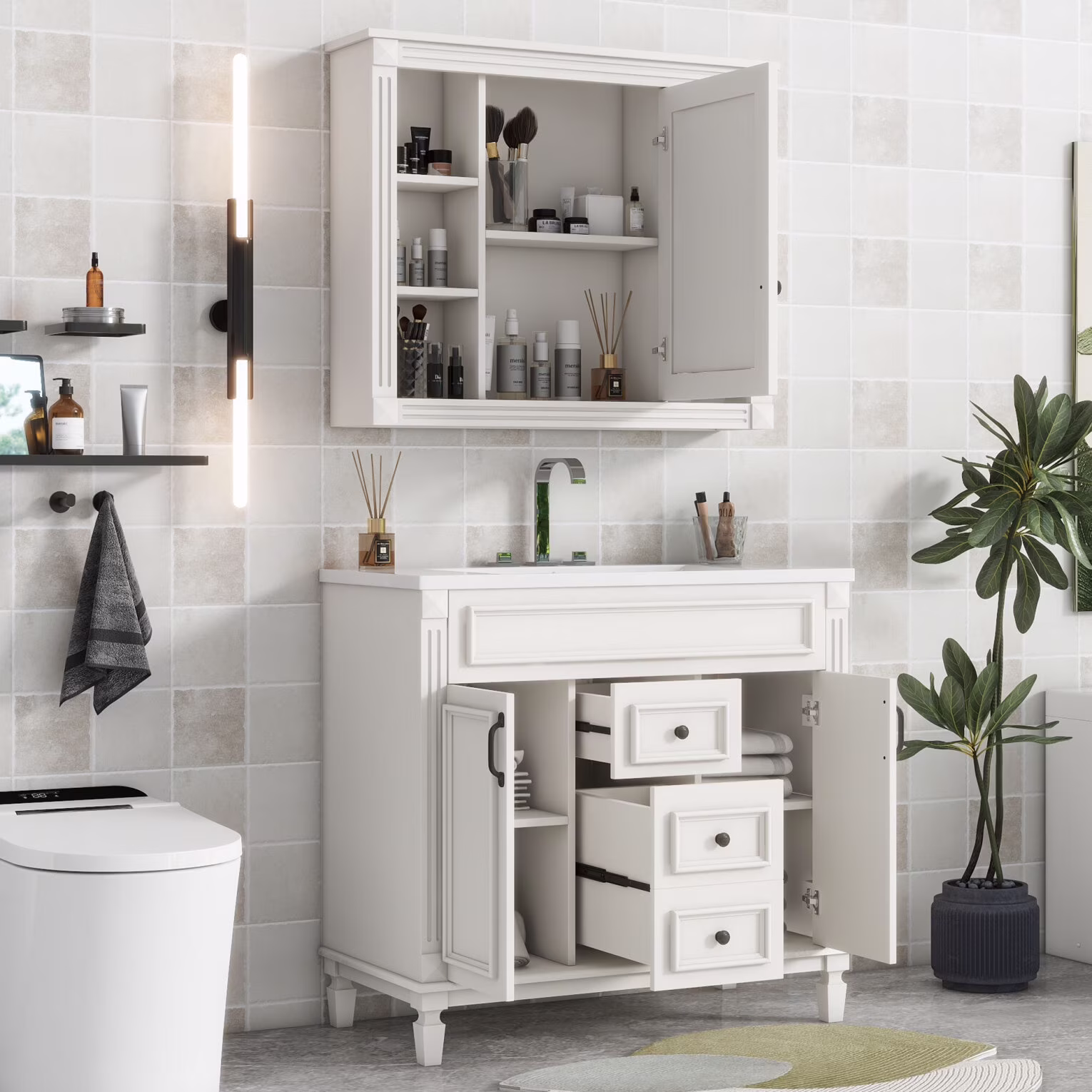 Modern Bathroom Furniture Set, 36" Bathroom Vanity with Top Sink, 35" Wall Mounted Bathroom Storage Cabinet, Mirror Cabinet with 6 Shelves, Storage Cabinet with 2 Doors and 2 Drawers, Grey - Image 6