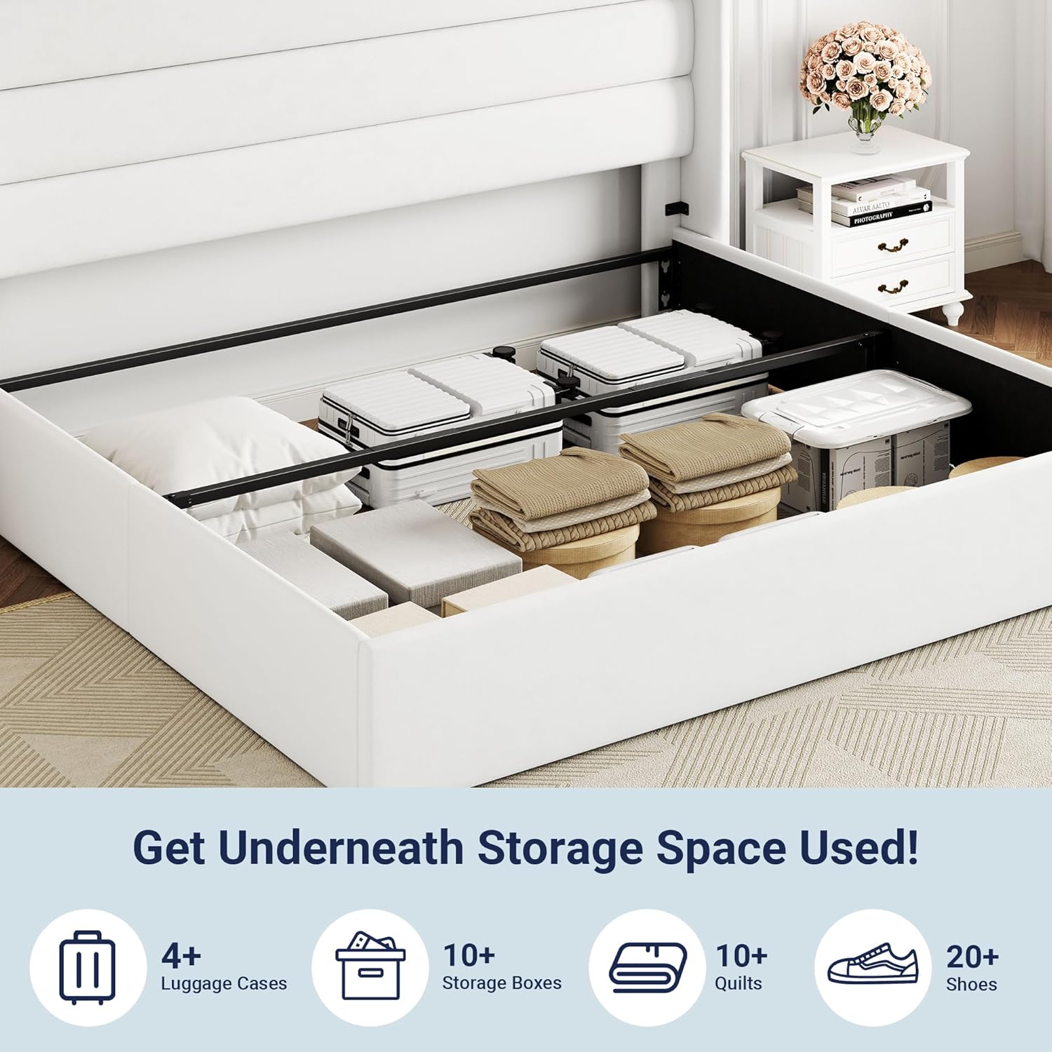 Queen Size Lift Up Storage Bed with Wingback Headboard, Upholstered Platform Bed Frame with Hidden Storage - Image 63