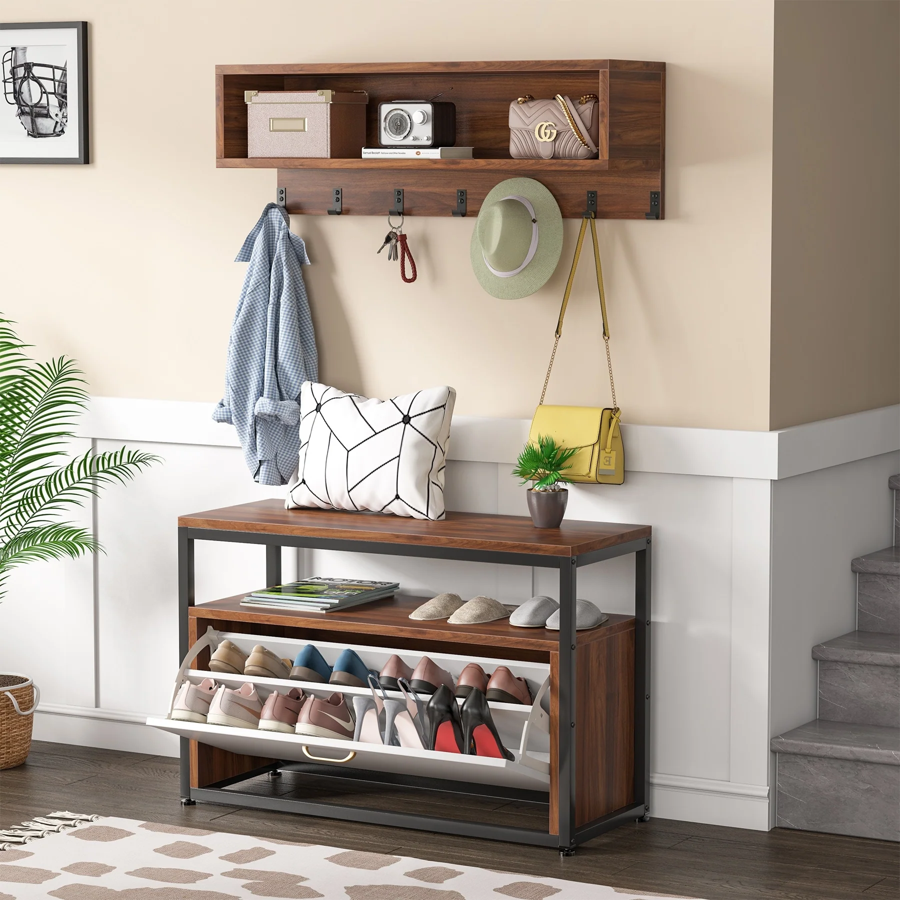 Entryway Coat Rack and Shoe Bench Set, Industrial Hall Tree with Coat and Shoe Storage - Image 19