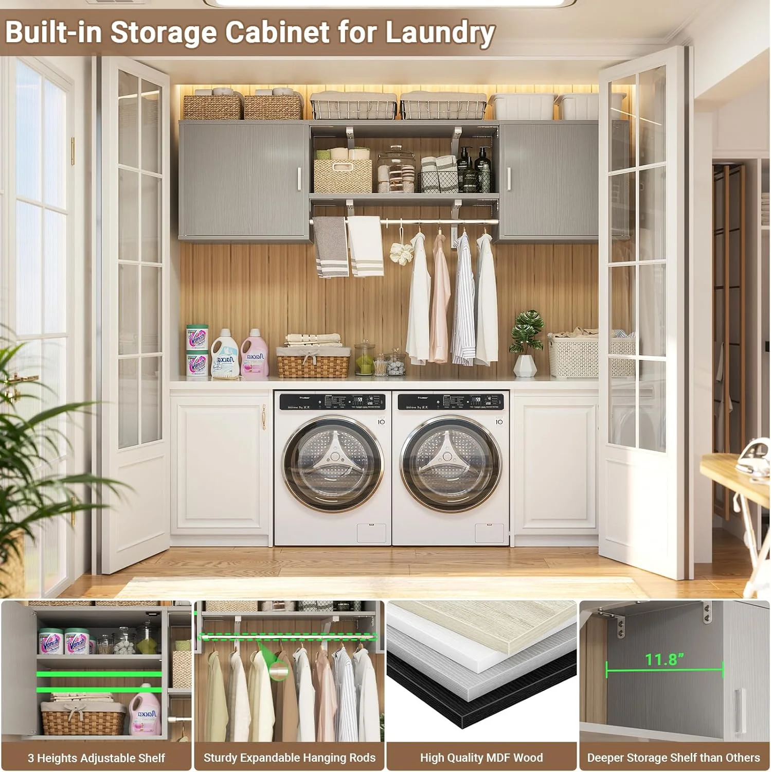 Homieasy Wall Mounted Cabinet with Hanging Rod, 65'' Wide Laundry Cabinet with 2 Shelves and Doors, Reversible, Small Storage Cabinet for Laundry, Bedroom, 300+ LBS Weight Capacity, White - Image 13