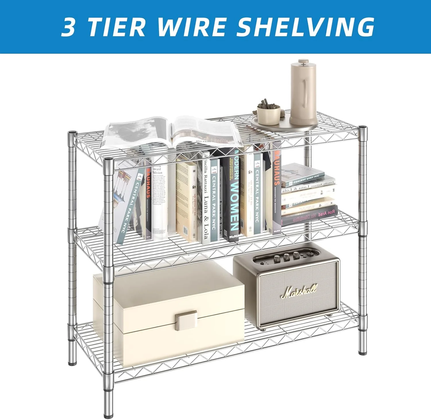 3-Shelf Adjustable Metal Shelf Wire Shelving Storage Rack for Office,Kitchen,Bedroom,Bathroom,Laundry,Pantry Basement,Garage(Chrome,36" L x 14" W x 30" H) - Image 5